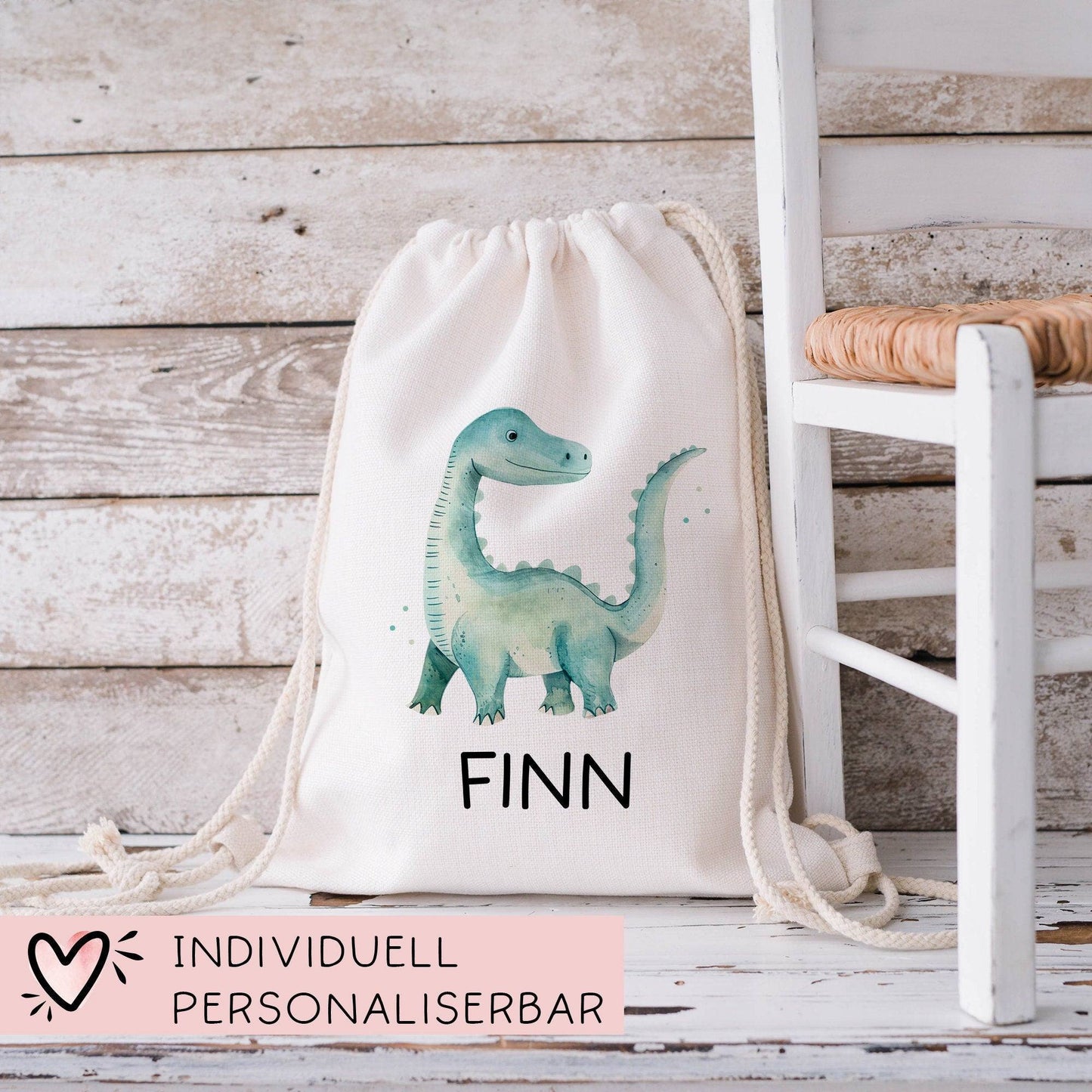 Personalisierter Turnbeutel Dino Dinosaurier "Brontosaurus" mit Wunschnamen | Rucksack Schule, Kindergarten, KITA, Wäschebeutel, Sportbeutel  kleinebuchstaben   