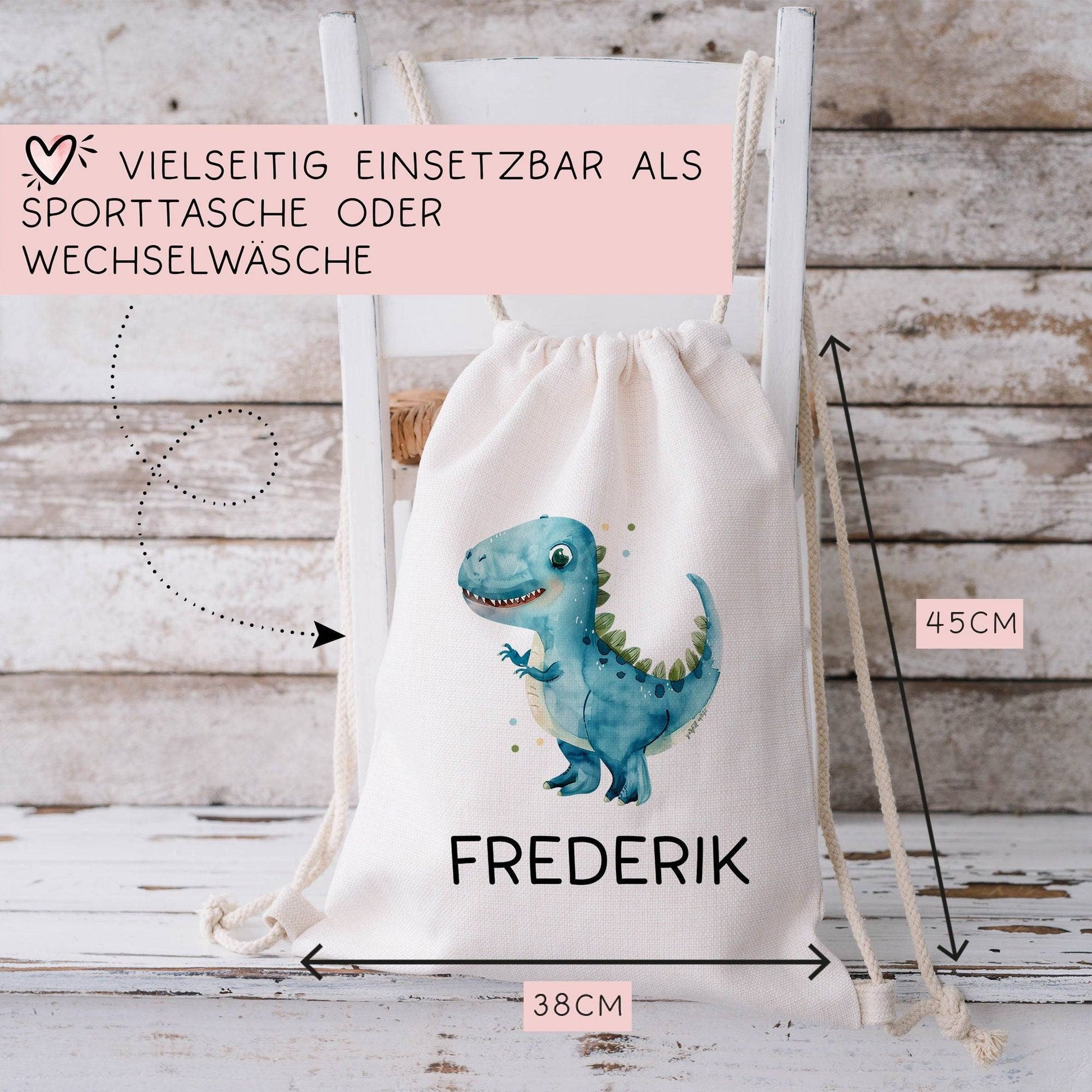 Tyrannosaurus Rex Turnbeutel Dino Dinosaurier Personalisierter mit Wunschnamen | Rucksack Schule, Kindergarten,KITA,Wäschebeutel,Sportbeutel  kleinebuchstaben   