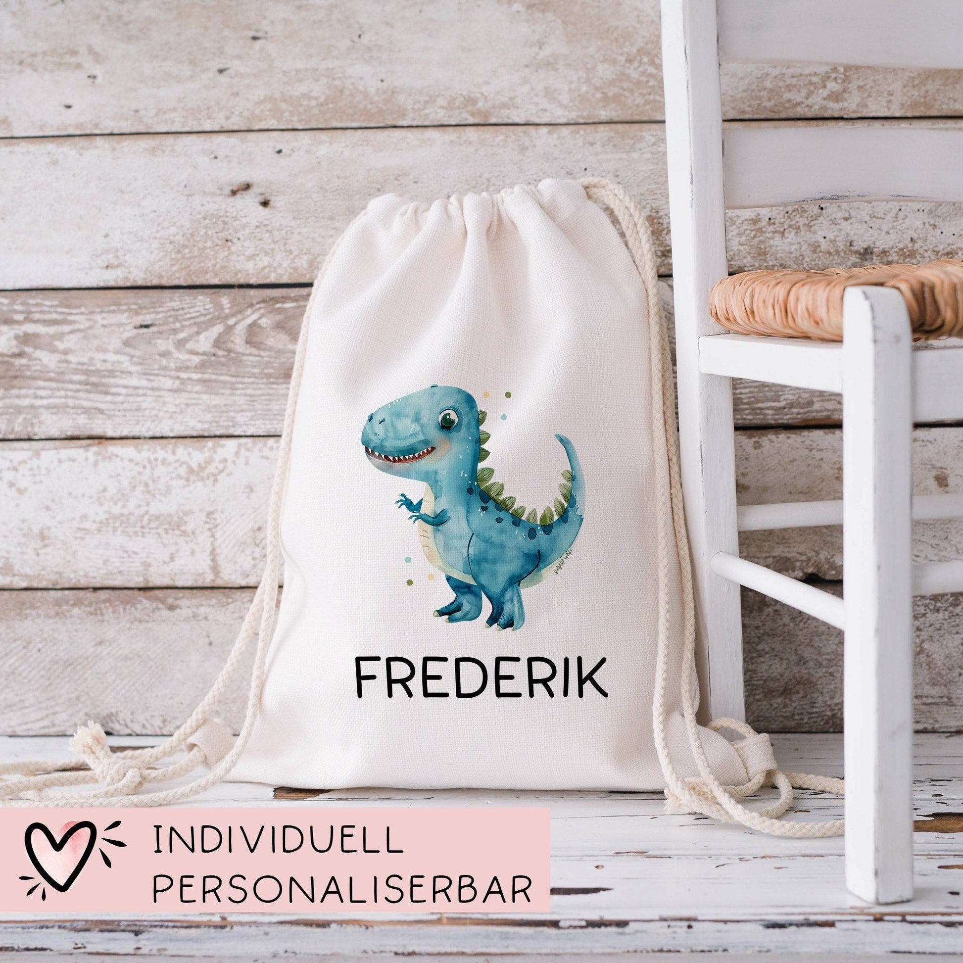 Tyrannosaurus Rex Turnbeutel Dino Dinosaurier Personalisierter mit Wunschnamen | Rucksack Schule, Kindergarten,KITA,Wäschebeutel,Sportbeutel  kleinebuchstaben   