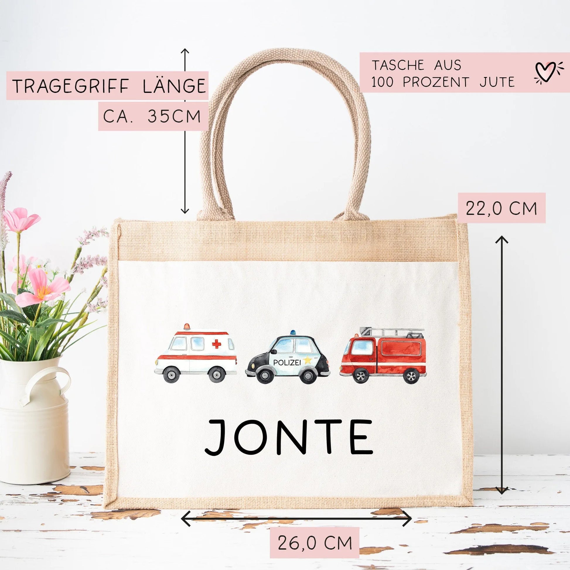 Tasche mit Wunschnamen RTW Polizeiwagen Feuerwehr Krankenwagen | 100% Jute | Geschenk Geschenk zum Geburtstag, Nikolaus, Weihnachten Ostern  kleinebuchstaben   