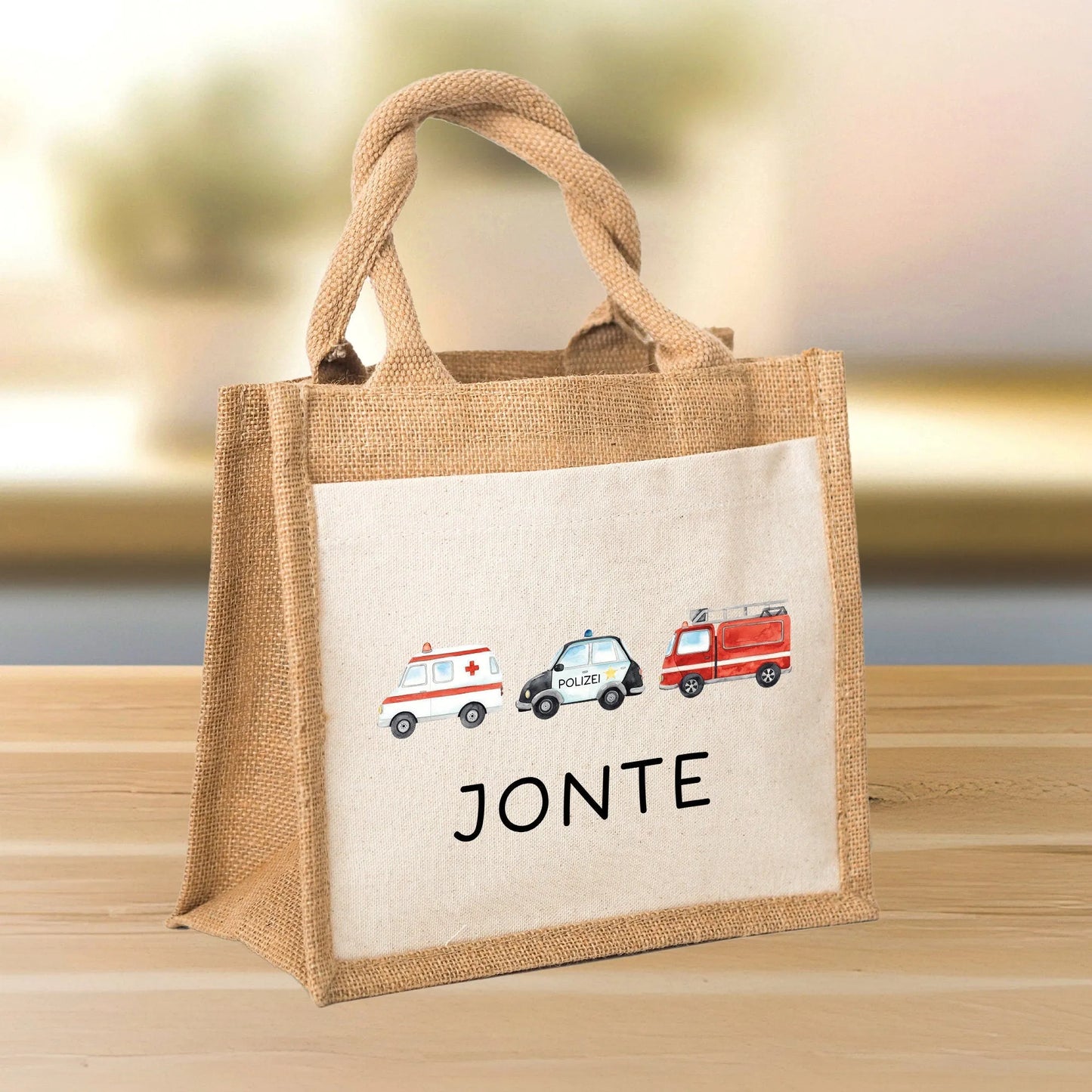 Tasche mit Wunschnamen RTW Polizeiwagen Feuerwehr Krankenwagen | 100% Jute | Geschenk Geschenk zum Geburtstag, Nikolaus, Weihnachten Ostern  kleinebuchstaben   