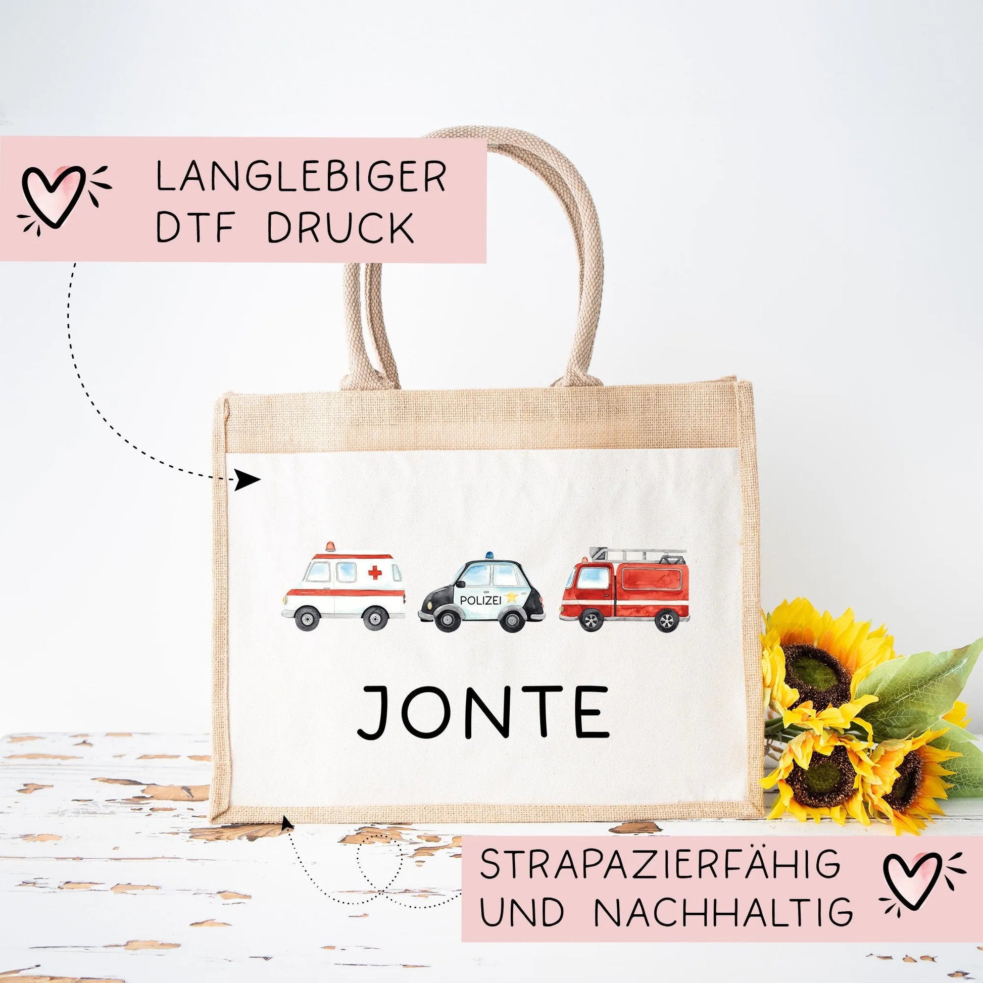 Tasche mit Wunschnamen RTW Polizeiwagen Feuerwehr Krankenwagen | 100% Jute | Geschenk Geschenk zum Geburtstag, Nikolaus, Weihnachten Ostern  kleinebuchstaben   