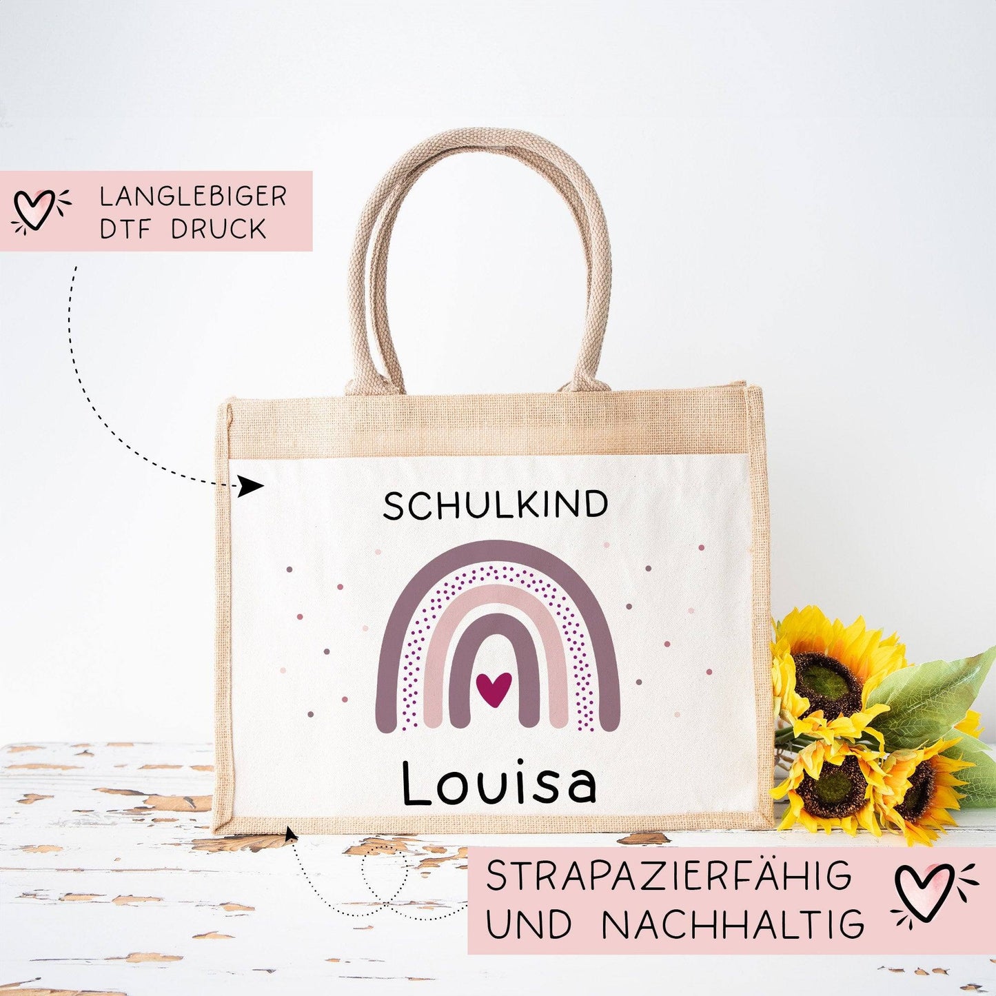 Einschulung Jute Pocket Tasche Personalisiert mit Wunschnamen | Schulkind Regenbogen Herz als Geschenktasche für Schulanfang - 1 Schultag  kleinebuchstaben   