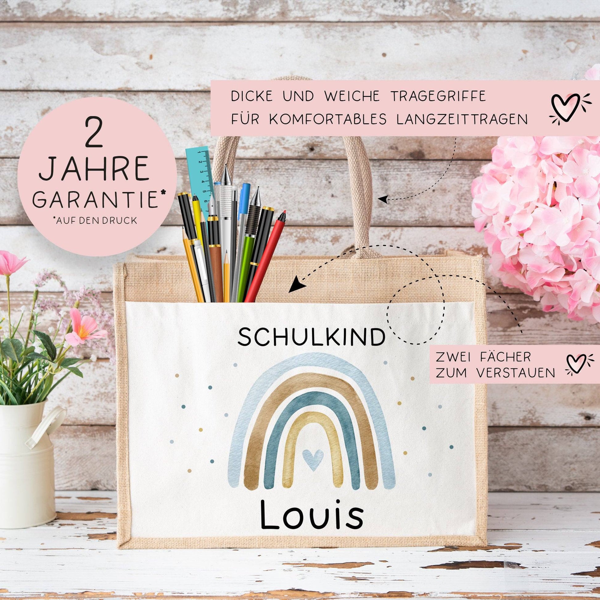 Einschulung Tasche Regenbogen Schulkind mit Wunschnamen | Jute Pocket |Personalisiert | Herz als Geschenktasche für Schulanfang - 1 Schultag  kleinebuchstaben   