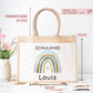 Einschulung Tasche Regenbogen Schulkind mit Wunschnamen | Jute Pocket |Personalisiert | Herz als Geschenktasche für Schulanfang - 1 Schultag  kleinebuchstaben   