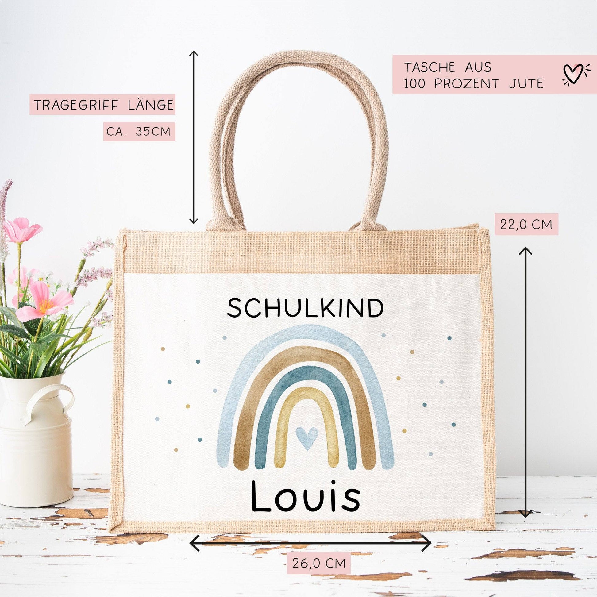 Einschulung Tasche Regenbogen Schulkind mit Wunschnamen | Jute Pocket |Personalisiert | Herz als Geschenktasche für Schulanfang - 1 Schultag  kleinebuchstaben   