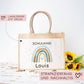 Einschulung Tasche Regenbogen Schulkind mit Wunschnamen | Jute Pocket |Personalisiert | Herz als Geschenktasche für Schulanfang - 1 Schultag  kleinebuchstaben   