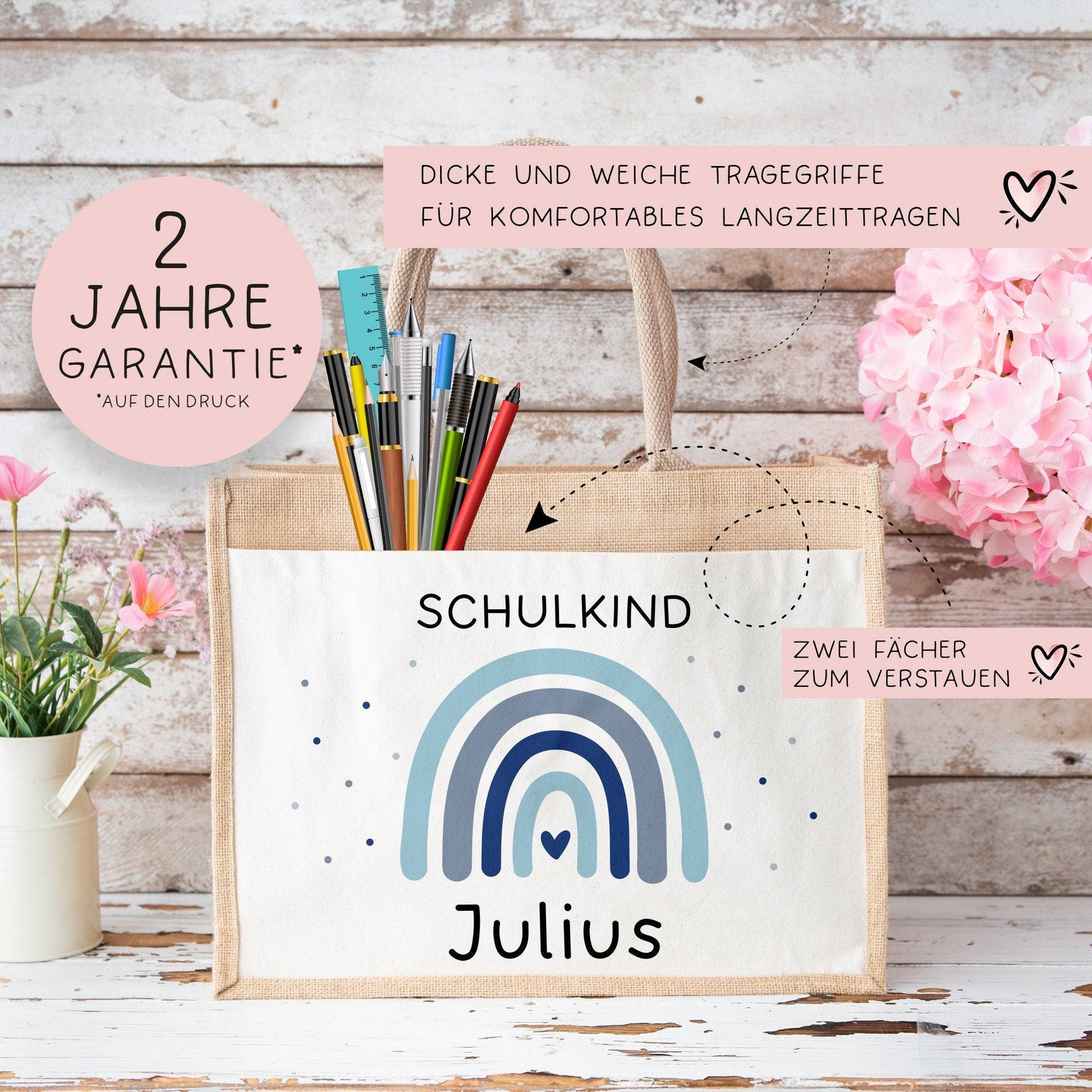 Einschulung - Personalisierte Jute Pocket Tasche | mit Wunschnamen | Schulkind Regenbogen Herz | Blau | als Geschenktasche für Schulanfang  kleinebuchstaben   