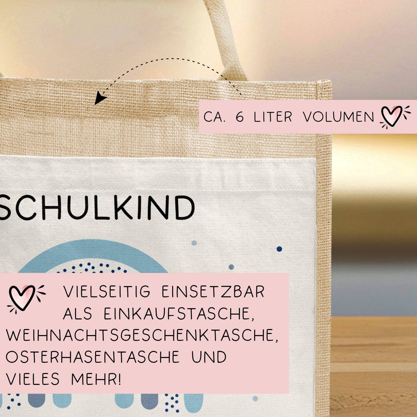 Einschulung - Personalisierte Jute Pocket Tasche | mit Wunschnamen | Schulkind Regenbogen Herz | Blau | als Geschenktasche für Schulanfang  kleinebuchstaben   