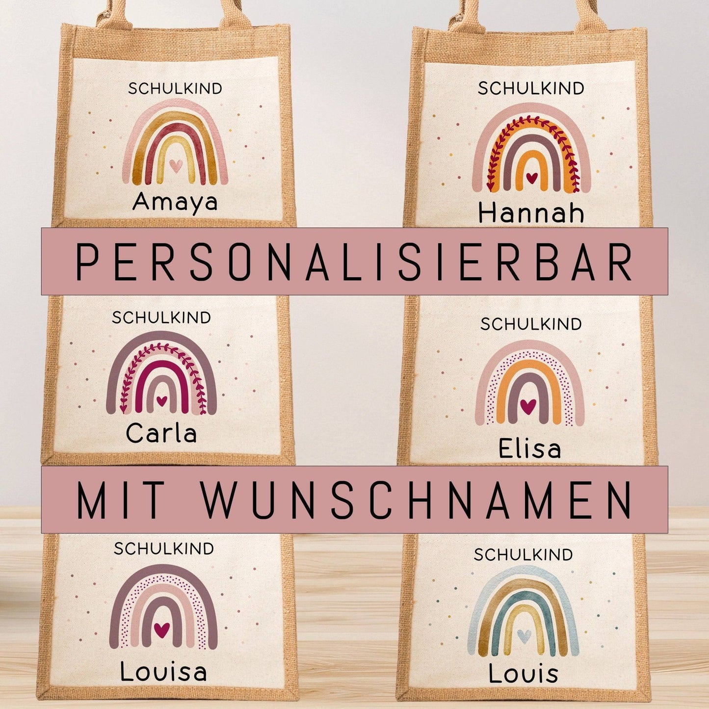 Einschulung Jute Pocket Tasche Personalisiert mit Wunschnamen | Schulkind Regenbogen Herz als Geschenktasche für Schulanfang - 1 Schultag  kleinebuchstaben   