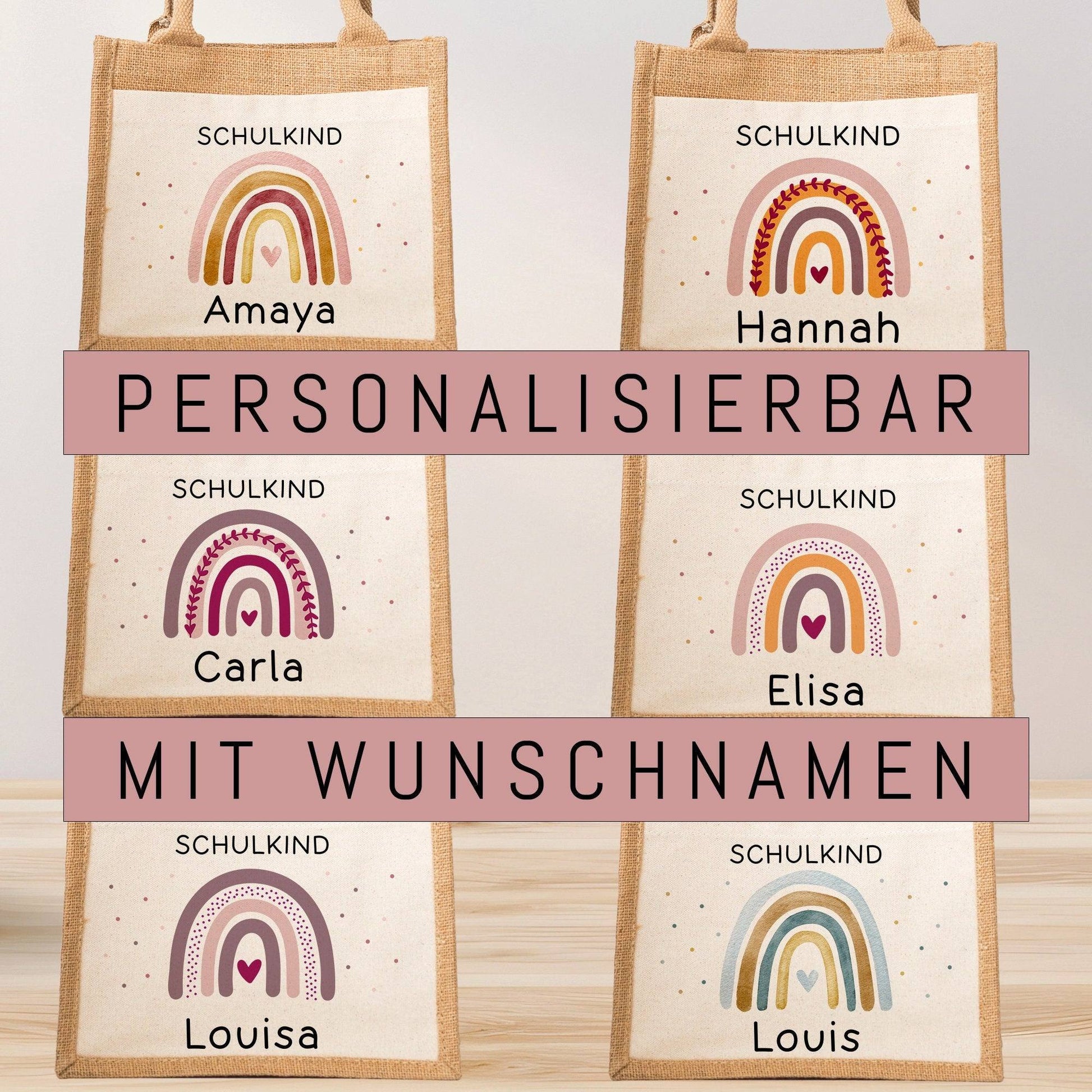 Einschulung Jute Pocket Tasche Personalisiert mit Wunschnamen | Schulkind Regenbogen Herz als Geschenktasche für Schulanfang - 1 Schultag  kleinebuchstaben   