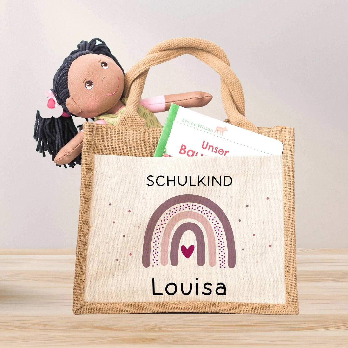 Einschulung Jute Pocket Tasche Personalisiert mit Wunschnamen | Schulkind Regenbogen Herz als Geschenktasche für Schulanfang - 1 Schultag  kleinebuchstaben Regenbogen 09  