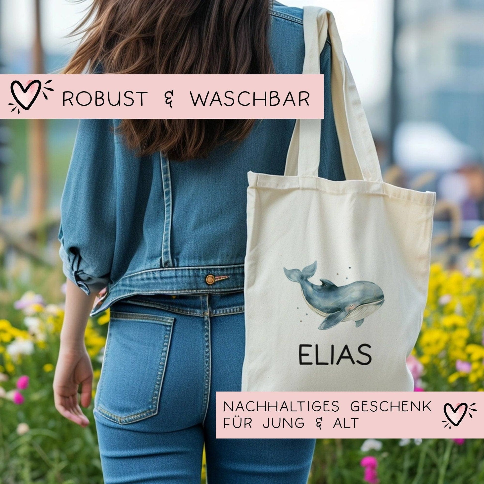 Einschulung Stofftasche mit Namen Wal personalisiert Kinder-Beutel als Sporttasche, Wechselwäsche, Stoffbeutel Kita, Schule & Kindergarten  kleinebuchstaben   