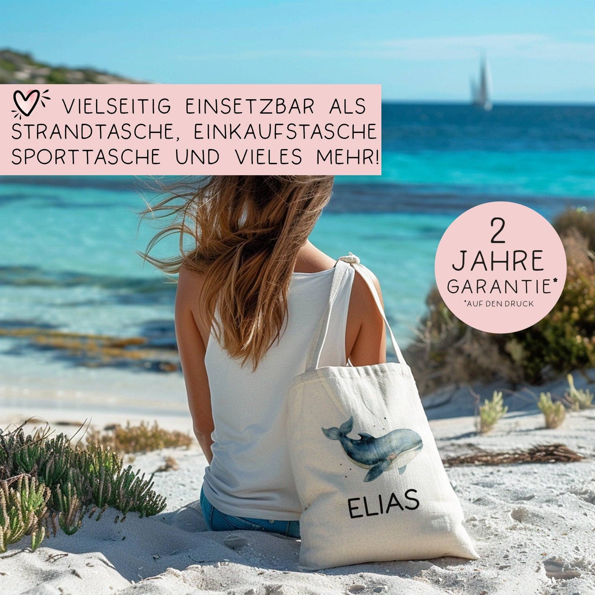 Einschulung Stofftasche mit Namen Wal personalisiert Kinder-Beutel als Sporttasche, Wechselwäsche, Stoffbeutel Kita, Schule & Kindergarten  kleinebuchstaben   