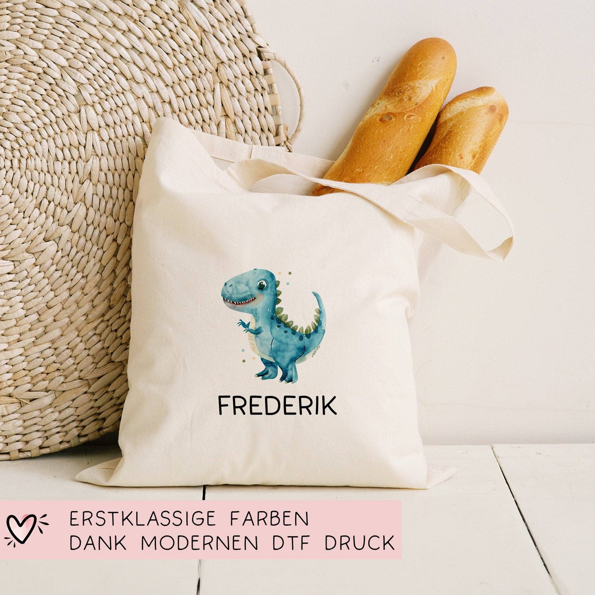 Stoffbeutel Dinosaurier Dino Stofftasche Tyrannosaurus Rex Tasche personalisiert Kinder-Beutel als Sporttasche, Wechselwäsche, Kita & Schule  kleinebuchstaben   