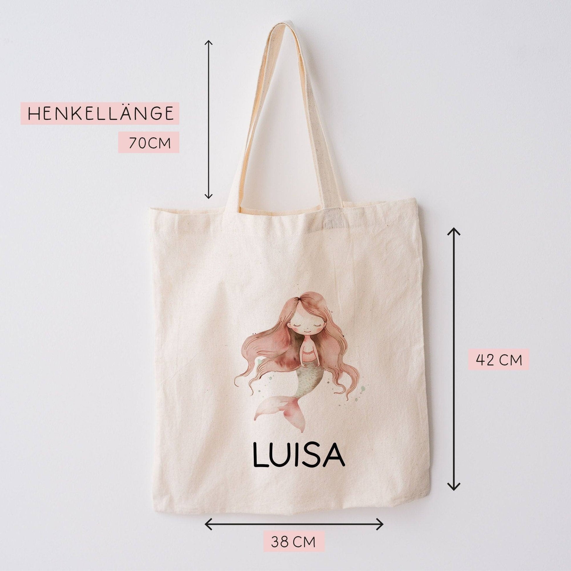 Einschulung Stofftasche Meerjungfrau Personalisiert  Kindergarten Wäschebeutel Kinder-Beutel mit Wunschnamen für Schule, Wechselwäsche  kleinebuchstaben   