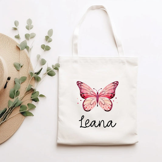 Rosa Lila Schmetterling Stofftasche Personalisiert und Namen. Kindergarten und Schule - Wäschebeutel Wechselwäsche KITA | Junge & Mädchen  kleinebuchstaben Schmetterling 01 Schriftart 1 