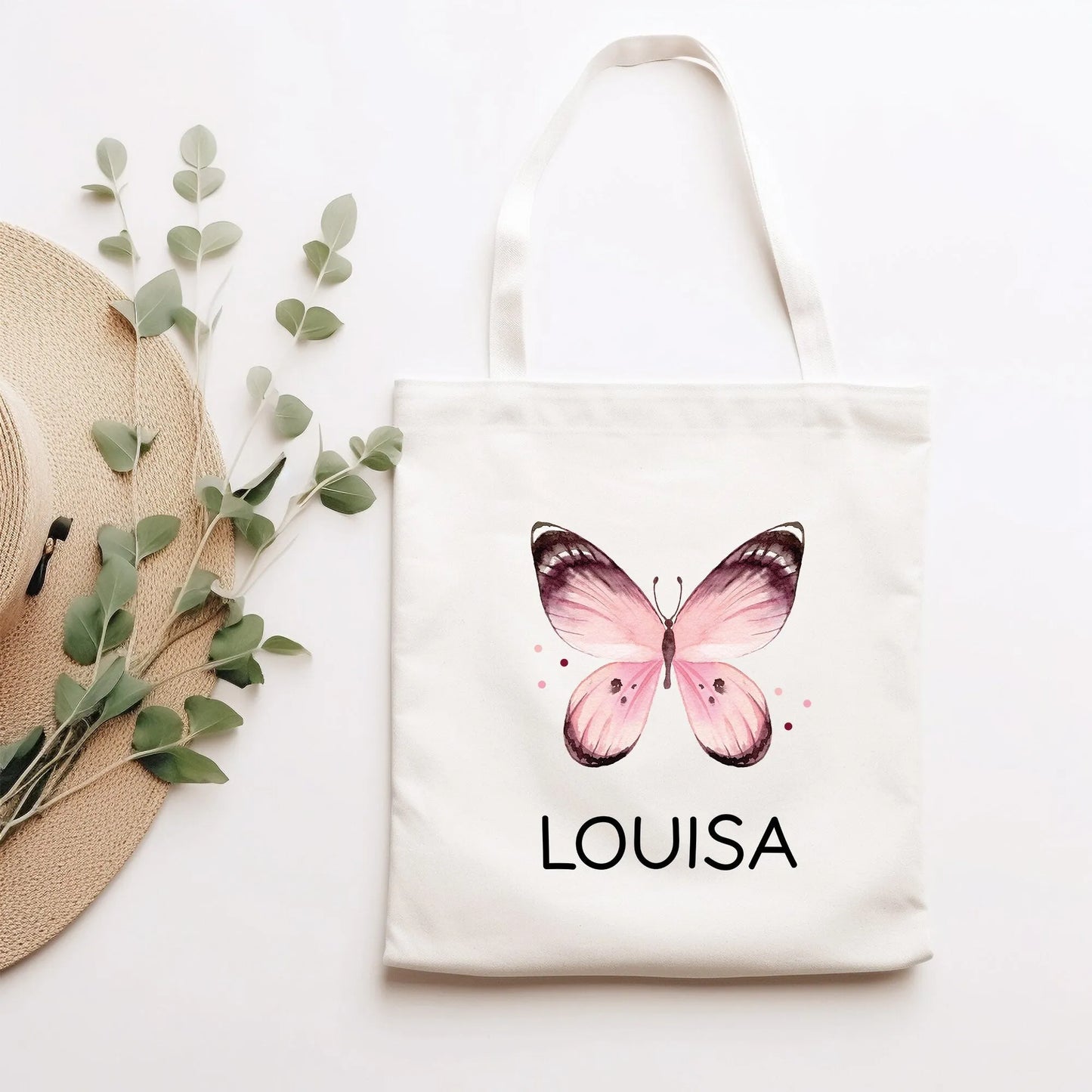 Rosa Lila Schmetterling Stofftasche Personalisiert und Namen. Kindergarten und Schule - Wäschebeutel Wechselwäsche KITA | Junge & Mädchen  kleinebuchstaben Schmetterling 02 Schriftart 1 