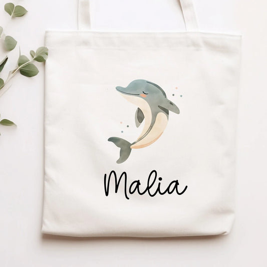 Stofftasche Delfin Delphin Personalisiert und Namen. Meer. Für Kindergarten und Schule - Wäschebeutel Wechselwäsche KITA | Mädchen & Junge  kleinebuchstaben Stofftasche Schriftart 1 