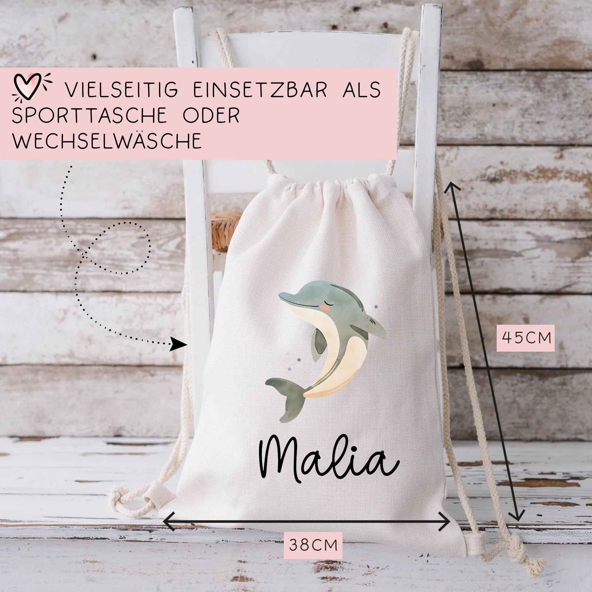 Turnbeutel Delfin Delphin mit Namen personalisiert Personalisierter Turnbeutel | Rucksack als Sportbeutel für Schule, Kindergarten, Wäsche  kleinebuchstaben   