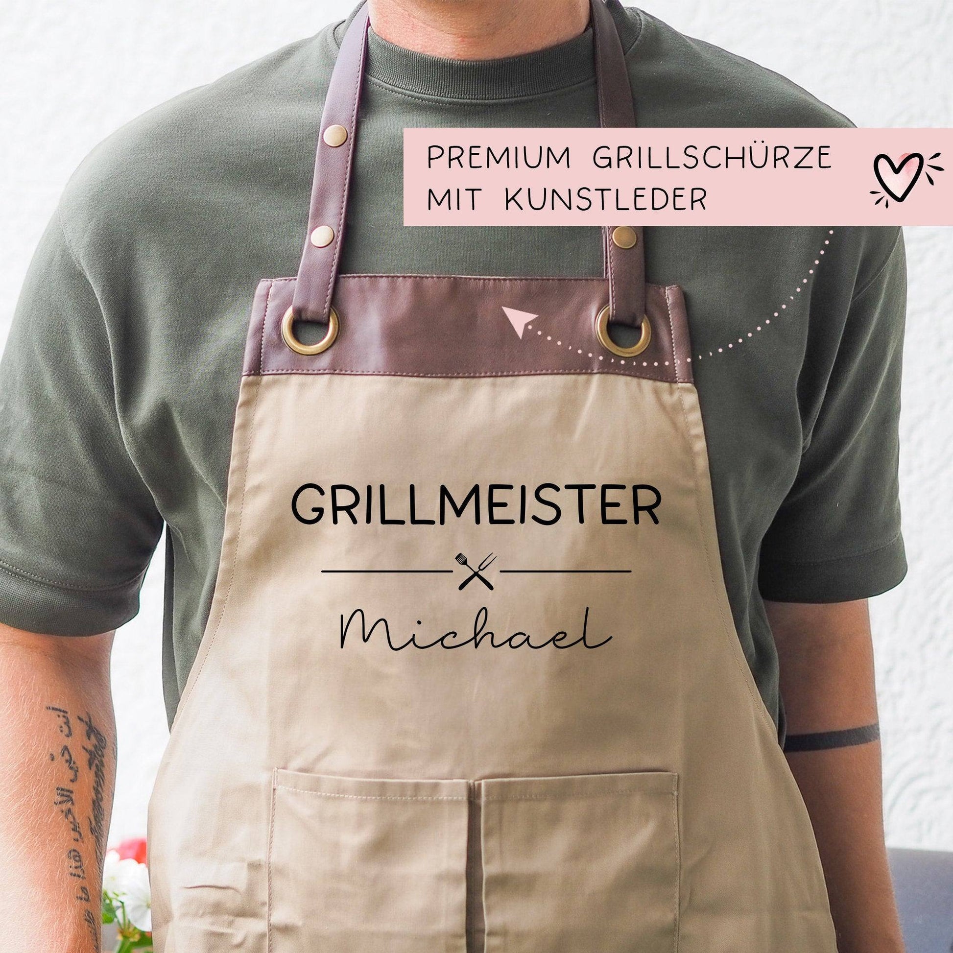 Grillschürze Grillmeister personalisiert für Männer mit Kunstleder Applikation zum 60. Geburtstag -Baumwollschürze, Küchenschürze, Geschenk  kleinebuchstaben   