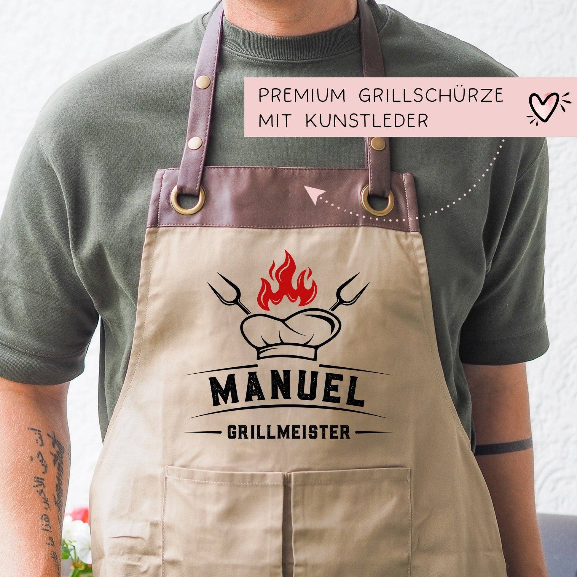 Grillschürze Kochmütze personalisiert für Männer mit Name Kunstleder Applikation zum Geburtstag - Weihnachten Baumwollschürze, Küchenschürze  kleinebuchstaben   