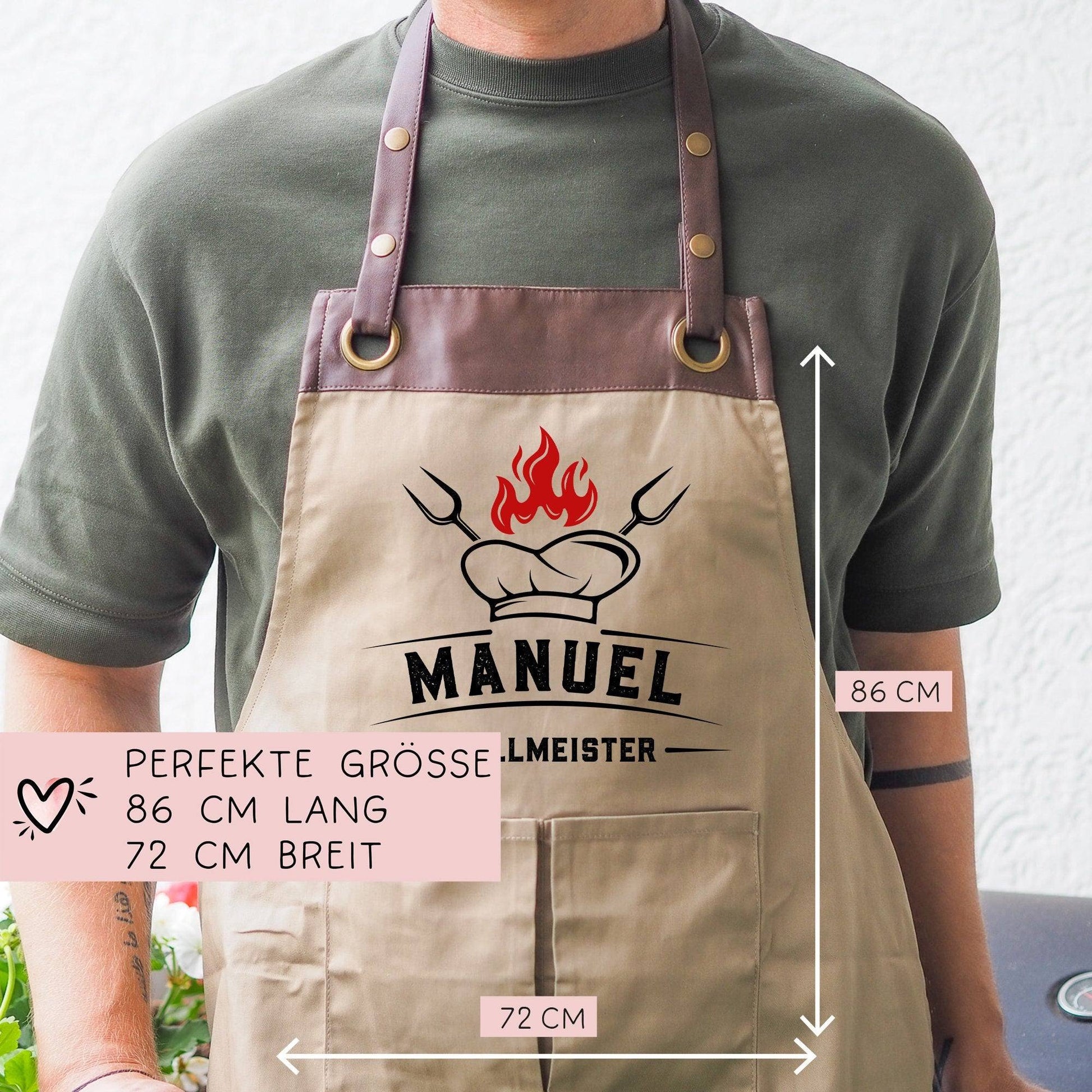 Grillschürze Kochmütze personalisiert für Männer mit Name Kunstleder Applikation zum Geburtstag - Weihnachten Baumwollschürze, Küchenschürze  kleinebuchstaben   