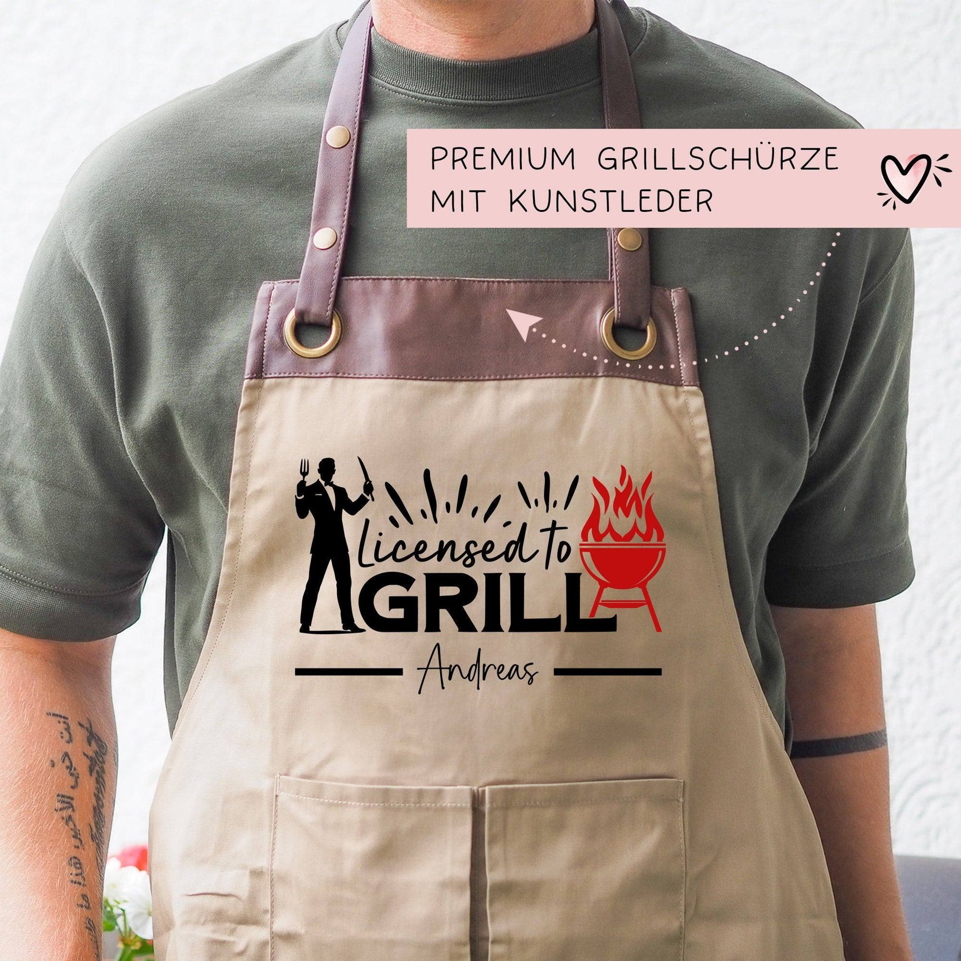 Grillschürze personalisiert Lizenz zum Grillen für Männer mit Name & Kunstleder zum Geburtstag - Weihnachten Baumwollschürze, Küchenschürze  kleinebuchstaben   