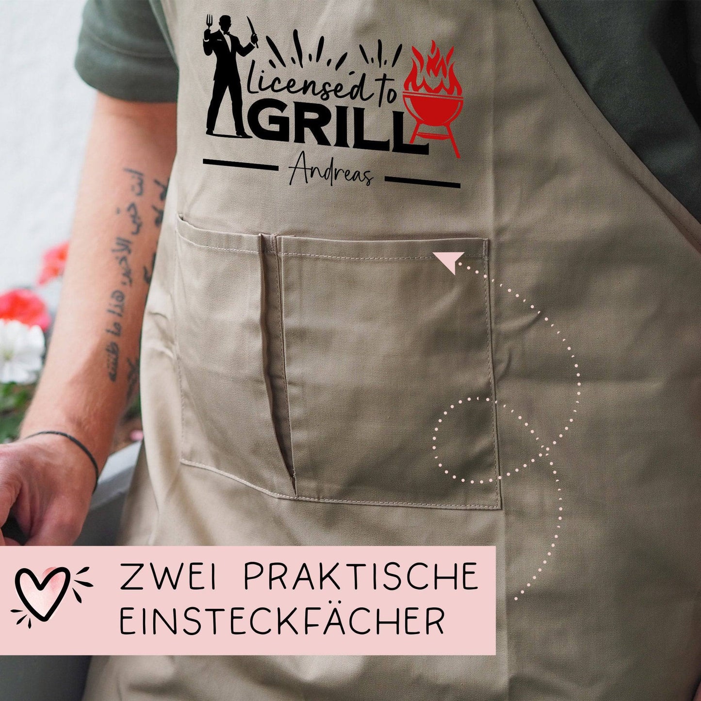 Grillschürze personalisiert Lizenz zum Grillen für Männer mit Name & Kunstleder zum Geburtstag - Weihnachten Baumwollschürze, Küchenschürze  kleinebuchstaben   