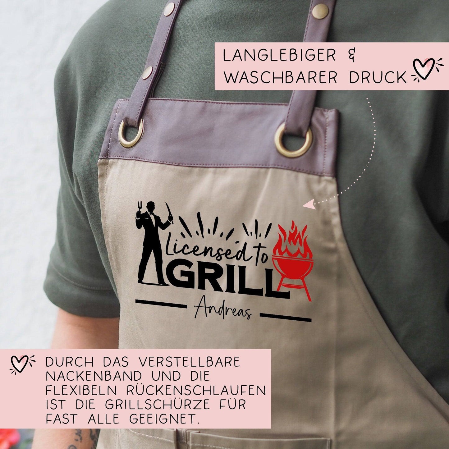 Grillschürze personalisiert Lizenz zum Grillen für Männer mit Name & Kunstleder zum Geburtstag - Weihnachten Baumwollschürze, Küchenschürze  kleinebuchstaben   