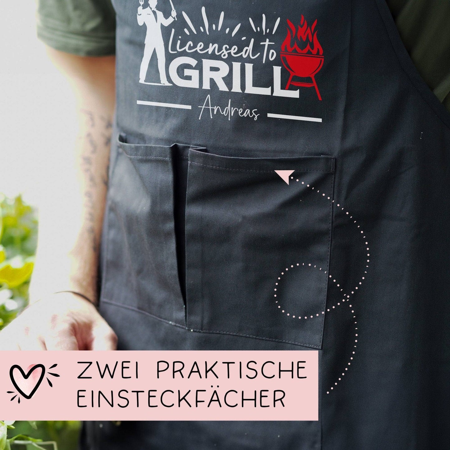 Grillschürze personalisiert Lizenz zum Grillen für Männer mit Name & Kunstleder zum Geburtstag - Weihnachten Baumwollschürze, Küchenschürze  kleinebuchstaben   