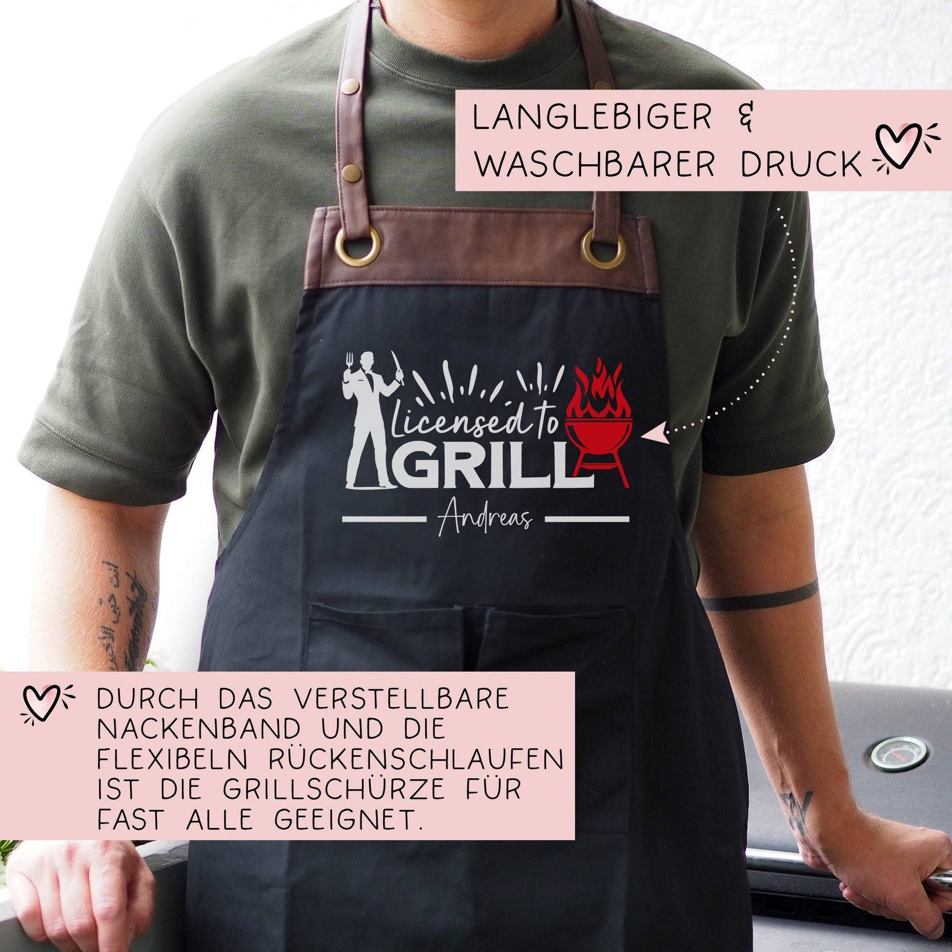 Grillschürze personalisiert Lizenz zum Grillen für Männer mit Name & Kunstleder zum Geburtstag - Weihnachten Baumwollschürze, Küchenschürze  kleinebuchstaben   