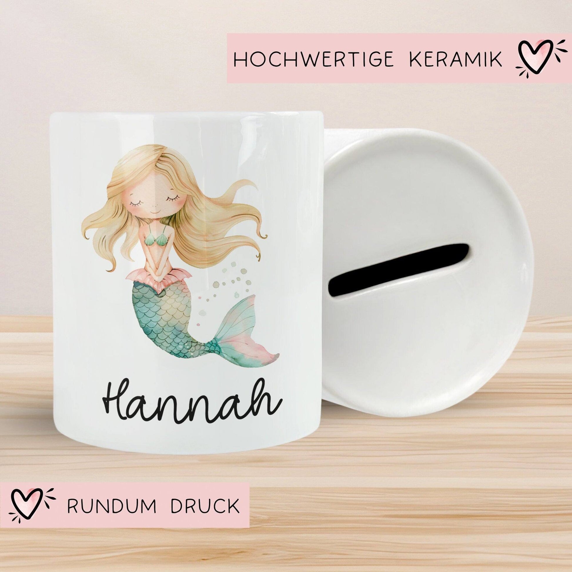 Spardose Meerjungfrau Personalisiert mit Name oder Wunschnamen für Mädchen aus Keramik. Geschenk Taufe, Geburtstag od. Weihnachten - 06  kleinebuchstaben   