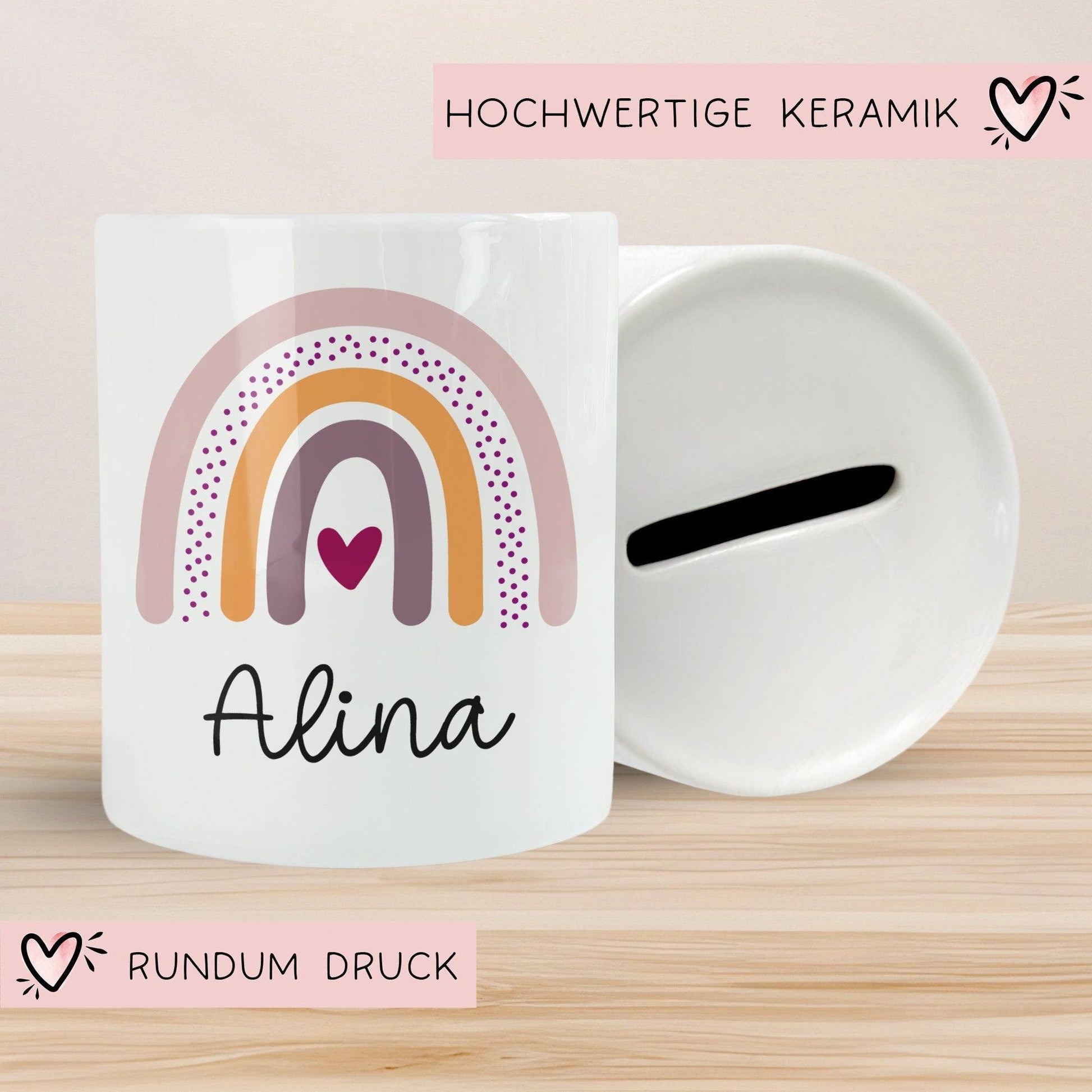 Personalisierte Spardose Regenbogen mit Namen und Datum - Rosa - Geschenk für Mädchen zum Geburtstag Weihnachten Firmung Geburt Einschulung  kleinebuchstaben   