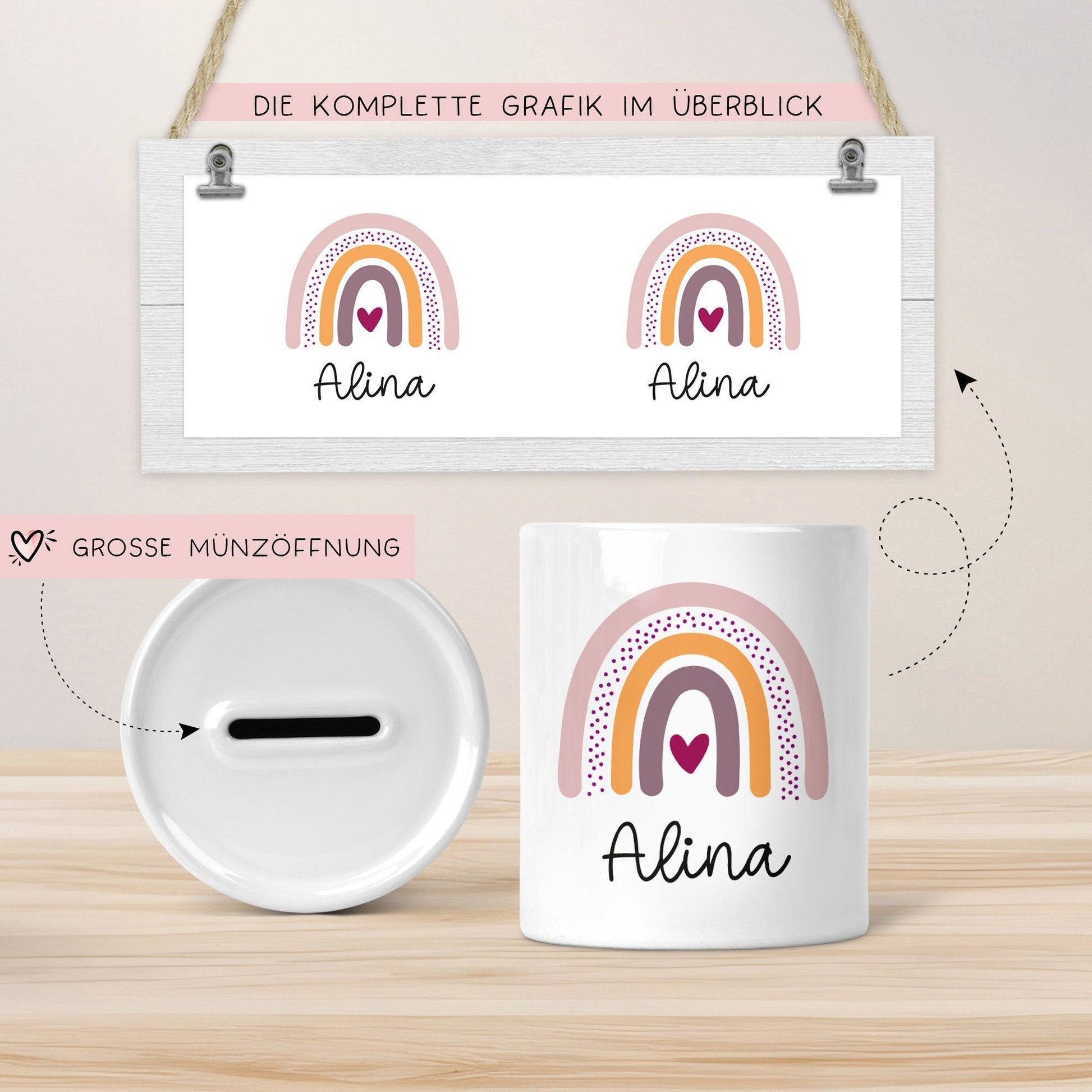 Personalisierte Spardose Regenbogen mit Namen und Datum - Rosa - Geschenk für Mädchen zum Geburtstag Weihnachten Firmung Geburt Einschulung  kleinebuchstaben   