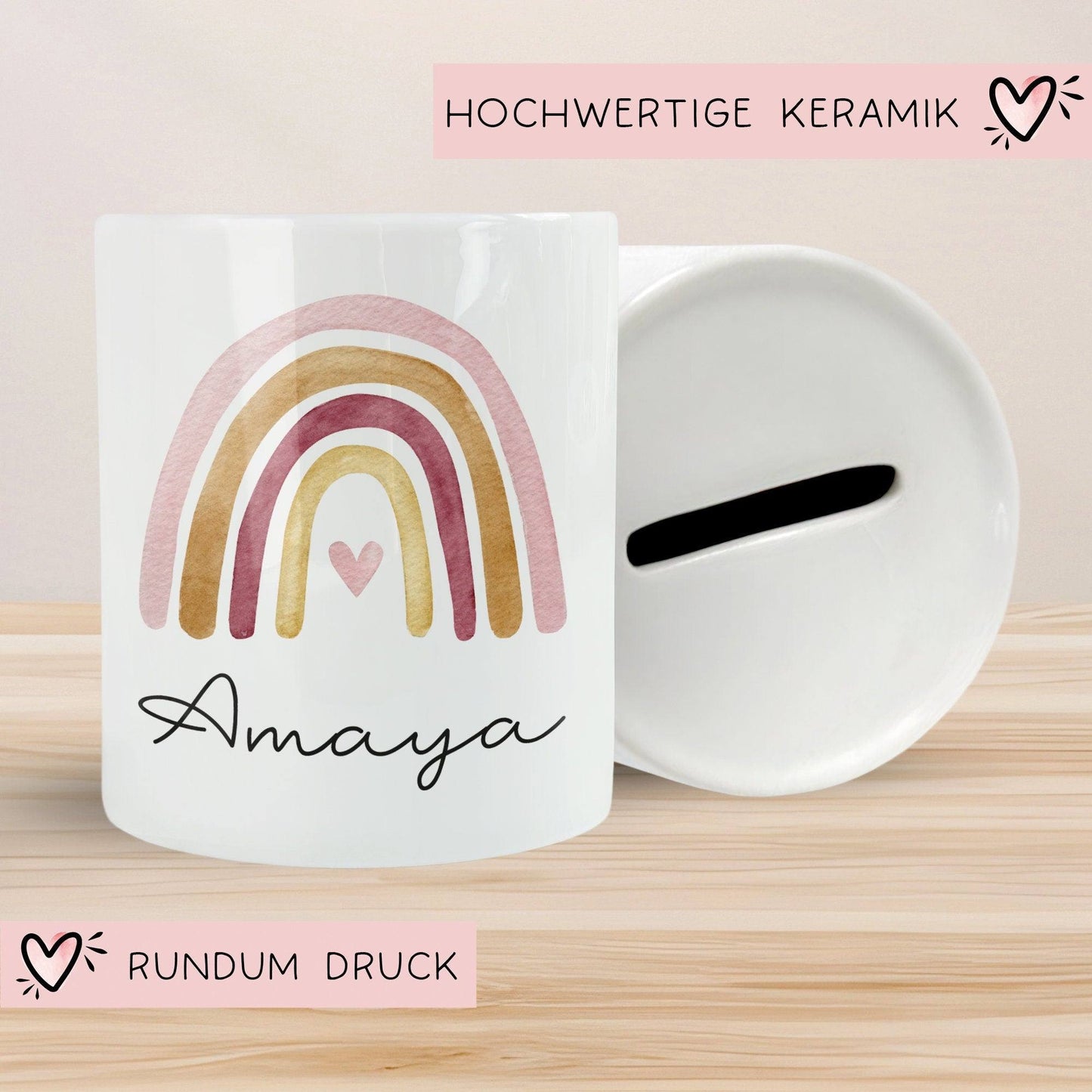 Personalisierte Kinder Spardose Regenbogen Aquarell mit Namen und Datum - Orange - Geschenk für Mädchen zum Geburtstag Weihnachten Firmung  kleinebuchstaben   