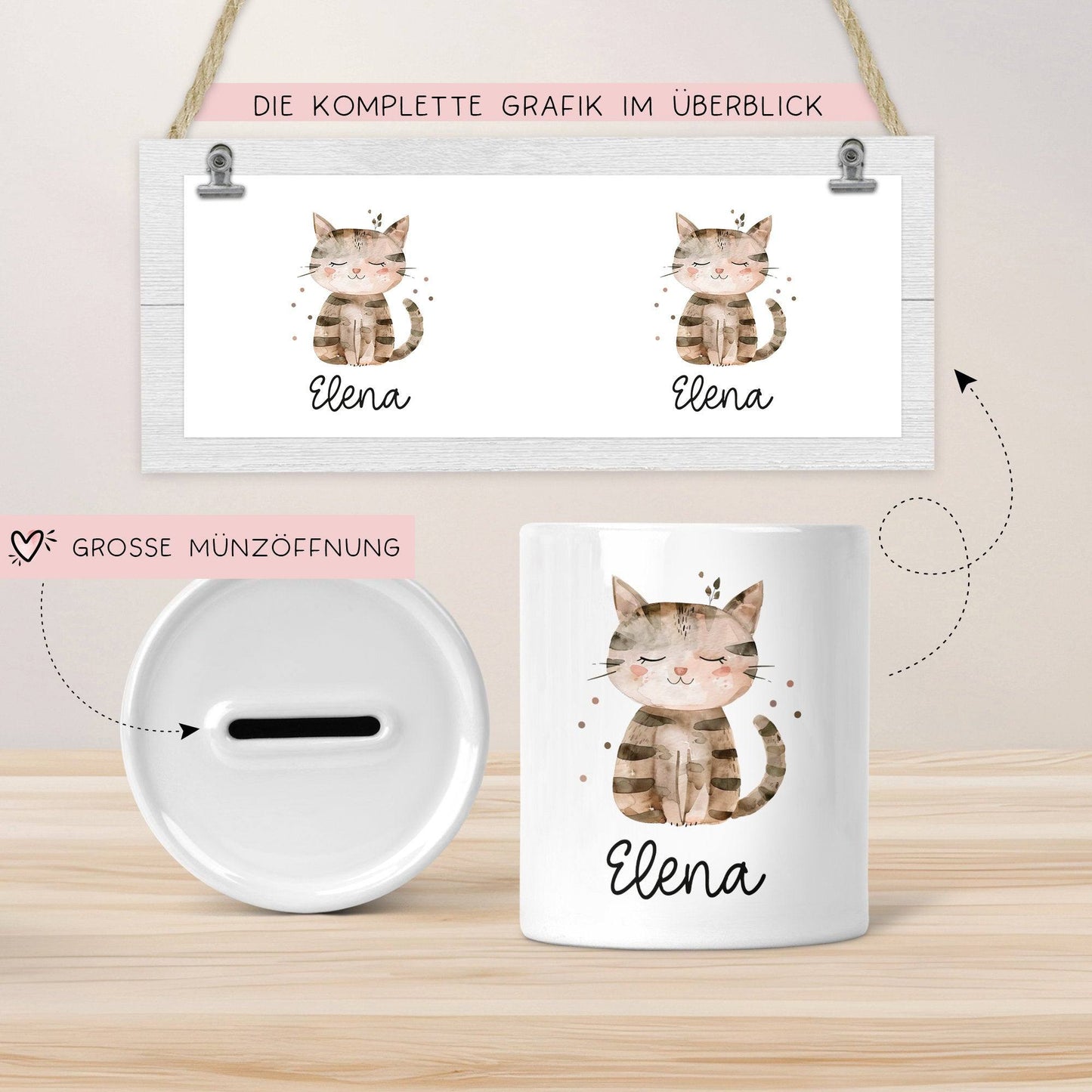 Personalisierte Kinder Spardose Katze Tier mit Namen optional mit Datum - Braun - Geschenk für Junge & Mädchen zum Geburtstag Weihnachten  kleinebuchstaben   