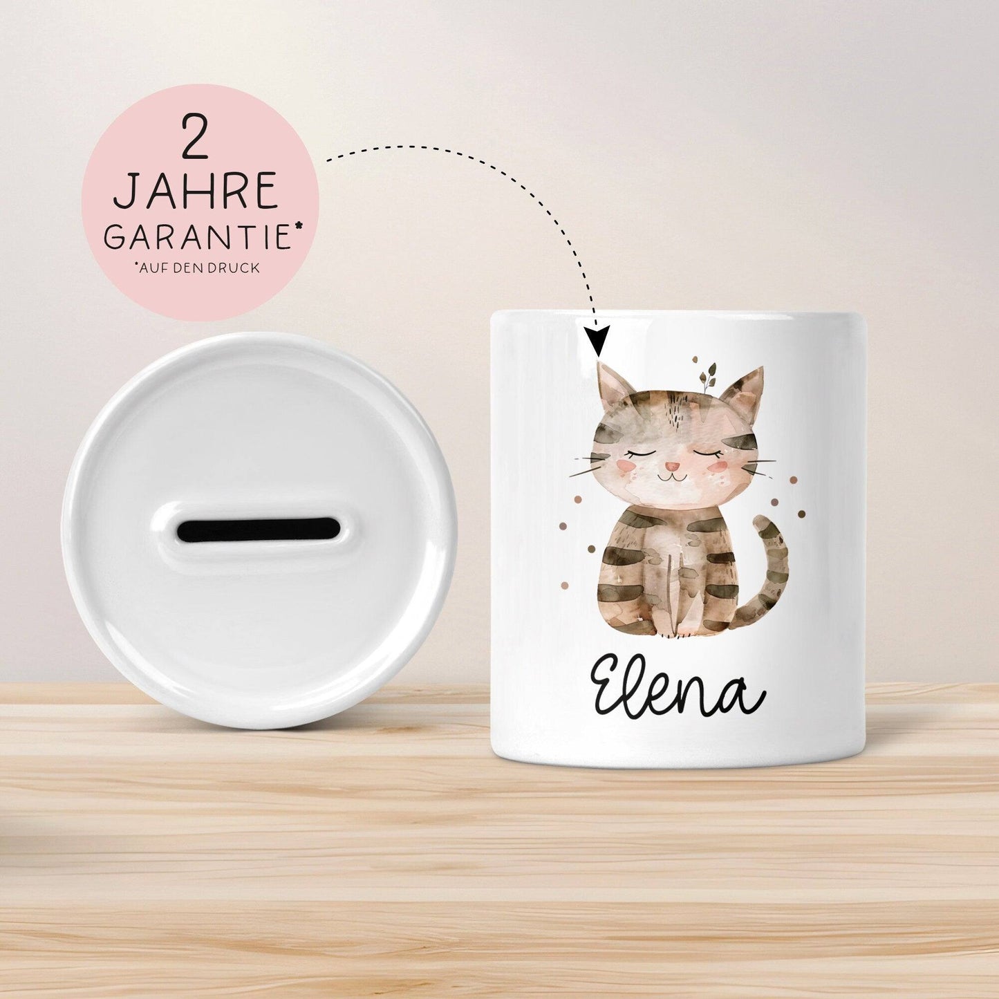 Personalisierte Kinder Spardose Katze Tier mit Namen optional mit Datum - Braun - Geschenk für Junge & Mädchen zum Geburtstag Weihnachten  kleinebuchstaben   