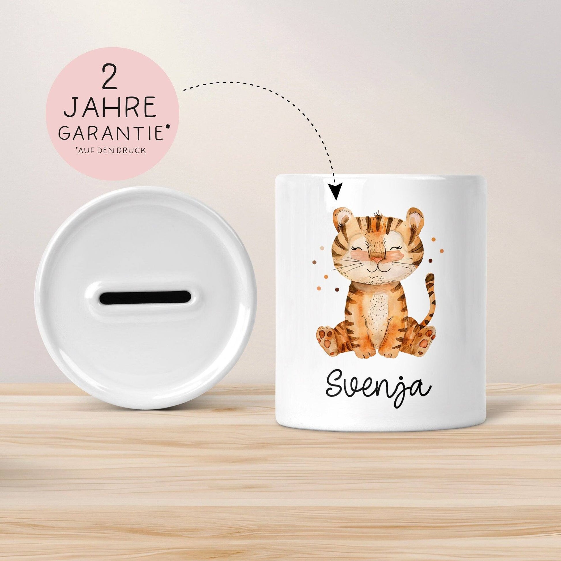 Personalisierte Kinder Spardose Tiger Tier mit Namen optional mit Datum - Gelb - Geschenk für Junge & Mädchen zum Geburtstag Weihnachten  kleinebuchstaben   