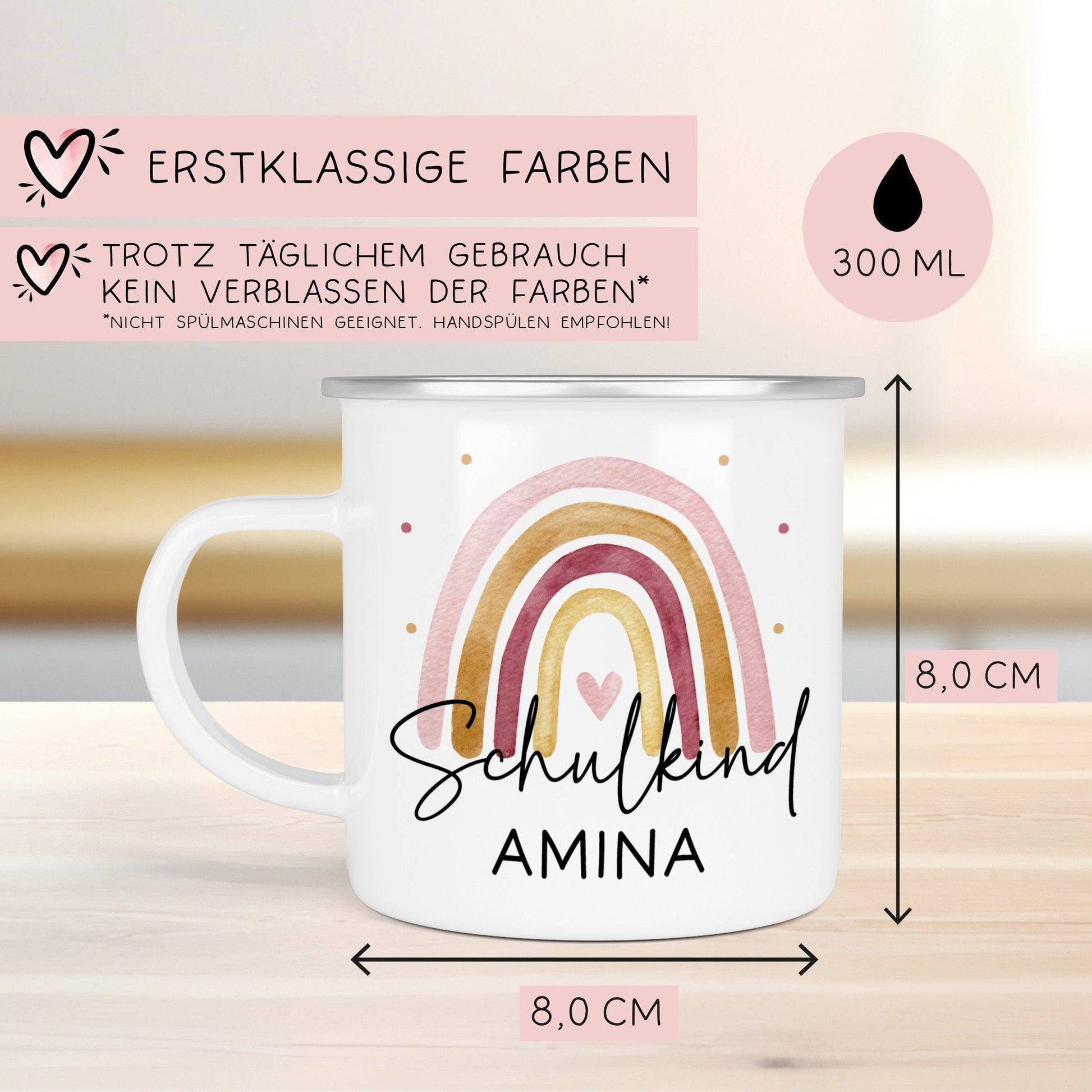 Schulanfang Schulkind Emaille Tasse Becher | Personalisiert mit Wunschnamen | Kindertasse zur Einschulung | Regenbogen Rosa Geschenk  kleinebuchstaben   