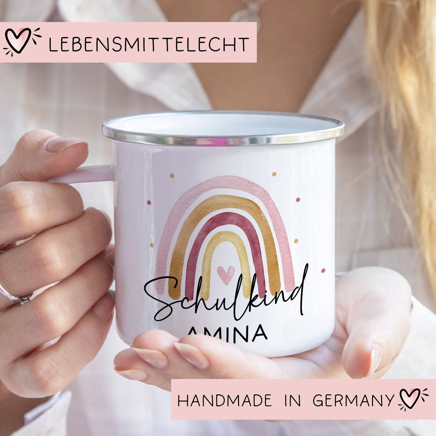 Schulanfang Schulkind Emaille Tasse Becher | Personalisiert mit Wunschnamen | Kindertasse zur Einschulung | Regenbogen Rosa Geschenk  kleinebuchstaben   