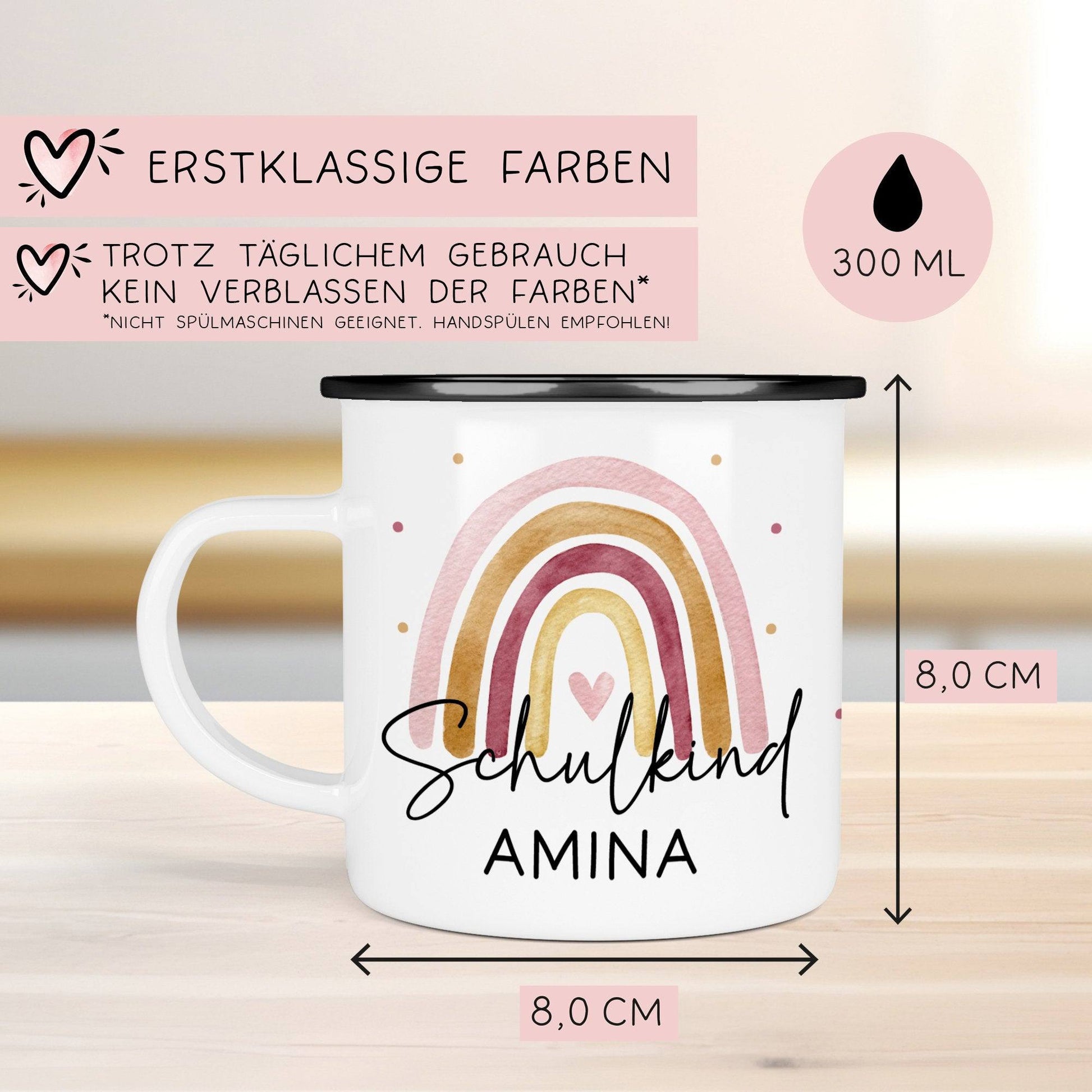 Schulanfang Schulkind Emaille Tasse Becher | Personalisiert mit Wunschnamen | Kindertasse zur Einschulung | Regenbogen Rosa Geschenk  kleinebuchstaben   