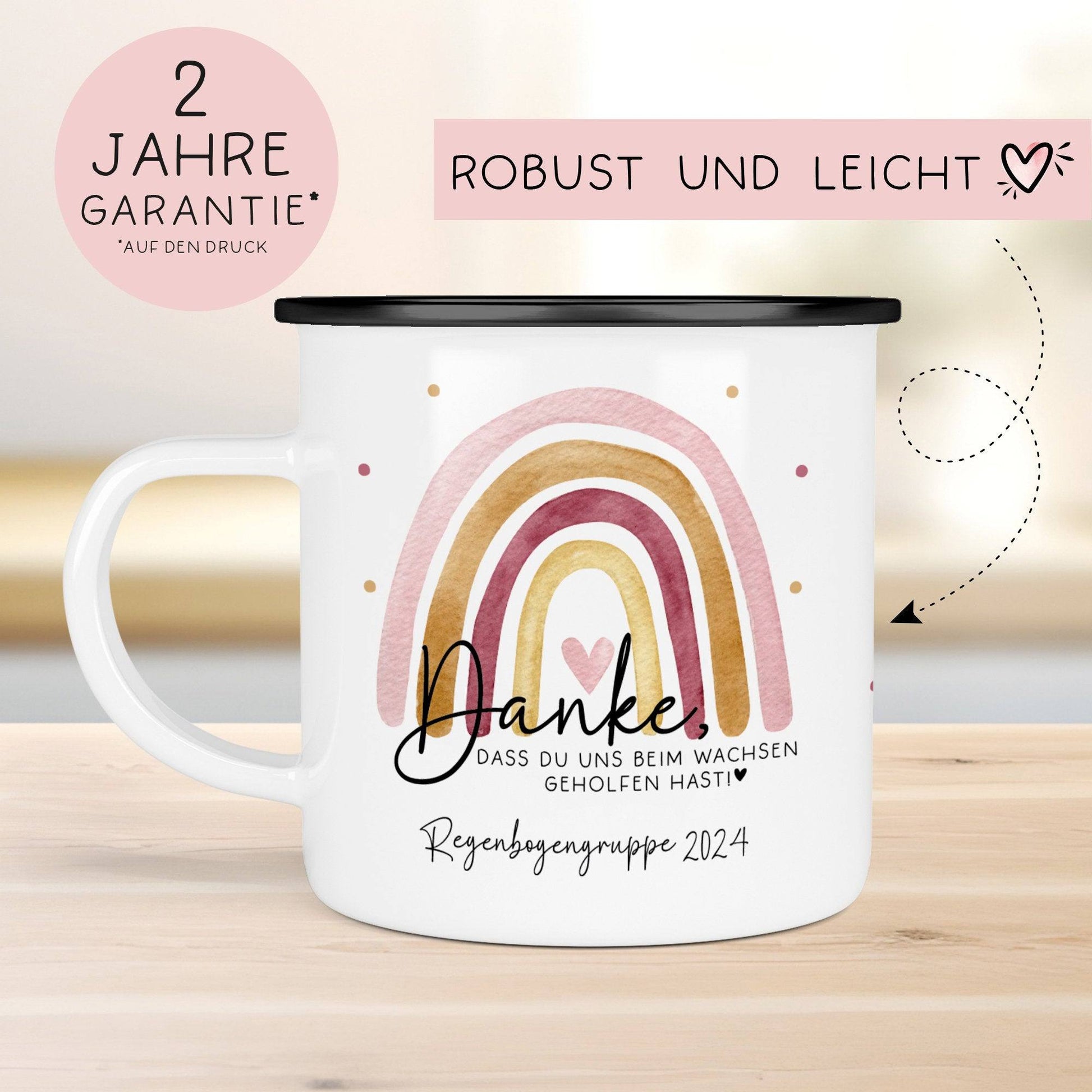 Danke das du uns beim Wachsen geholfen hast Emaille Tasse - Regenbogen Abschiedsgeschenk für Erzieherin Geschenk Abschiedsgeschenk Lehrerin  kleinebuchstaben   