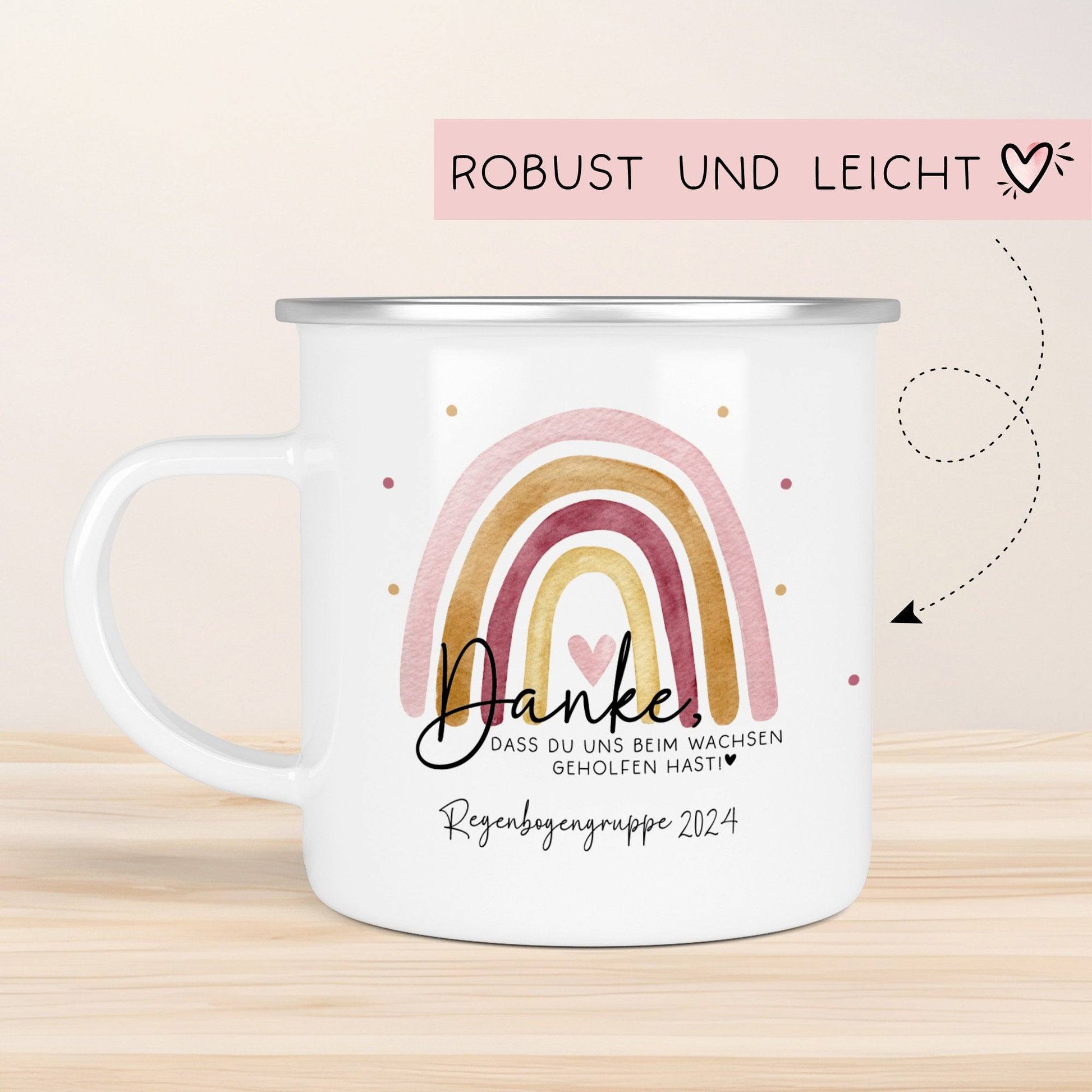 Danke das du uns beim Wachsen geholfen hast Emaille Tasse - Regenbogen Abschiedsgeschenk für Erzieherin Geschenk Abschiedsgeschenk Lehrerin  kleinebuchstaben   