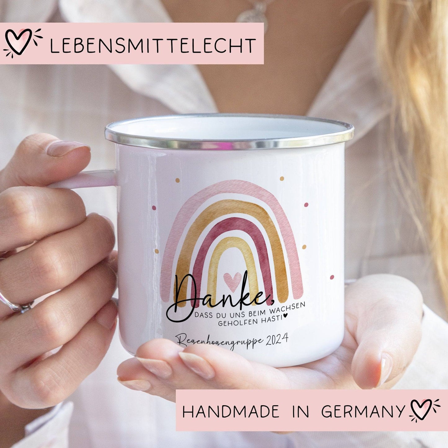 Danke das du uns beim Wachsen geholfen hast Emaille Tasse - Regenbogen Abschiedsgeschenk für Erzieherin Geschenk Abschiedsgeschenk Lehrerin  kleinebuchstaben   