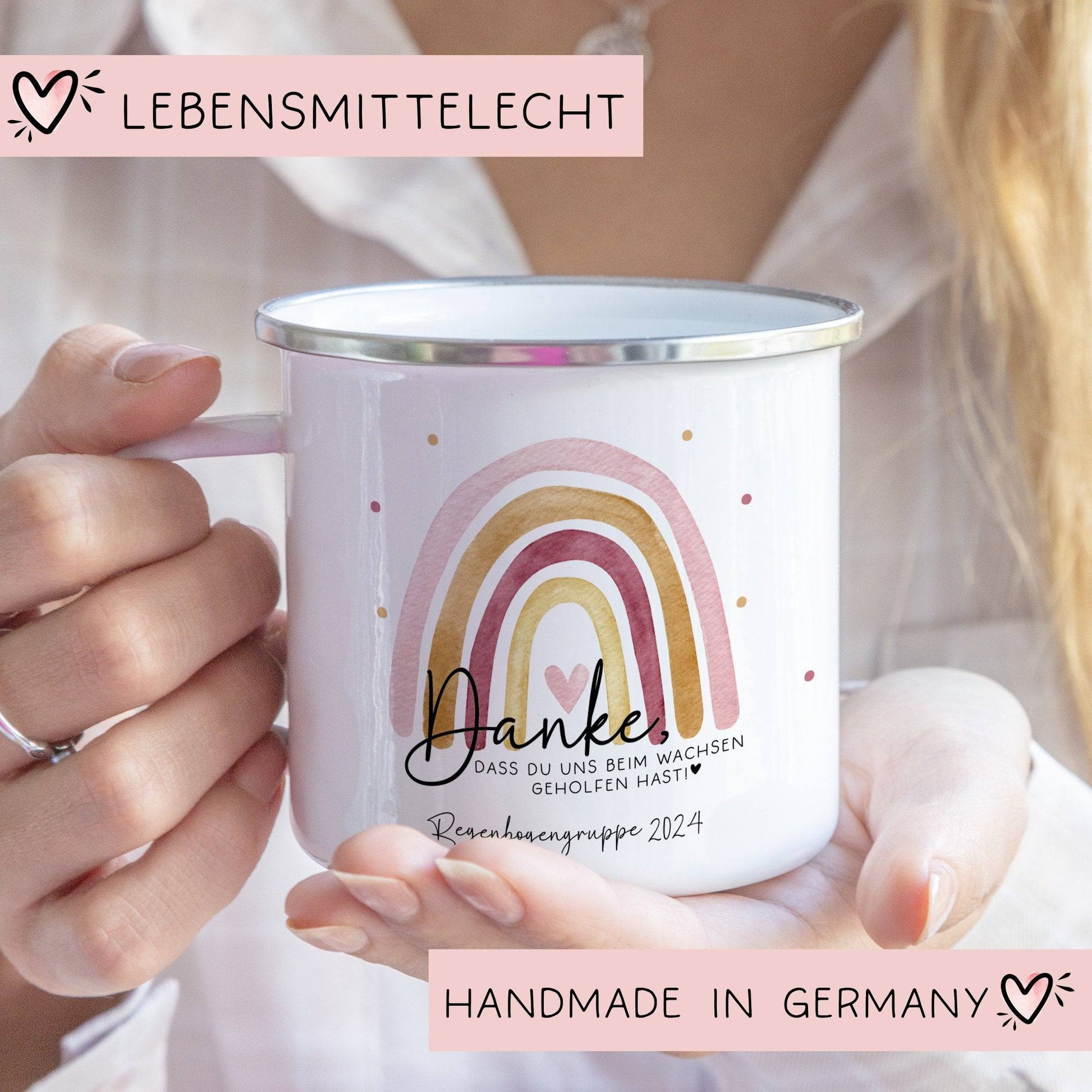 Danke das du uns beim Wachsen geholfen hast Emaille Tasse - Regenbogen Abschiedsgeschenk für Erzieherin Geschenk Abschiedsgeschenk Lehrerin  kleinebuchstaben   