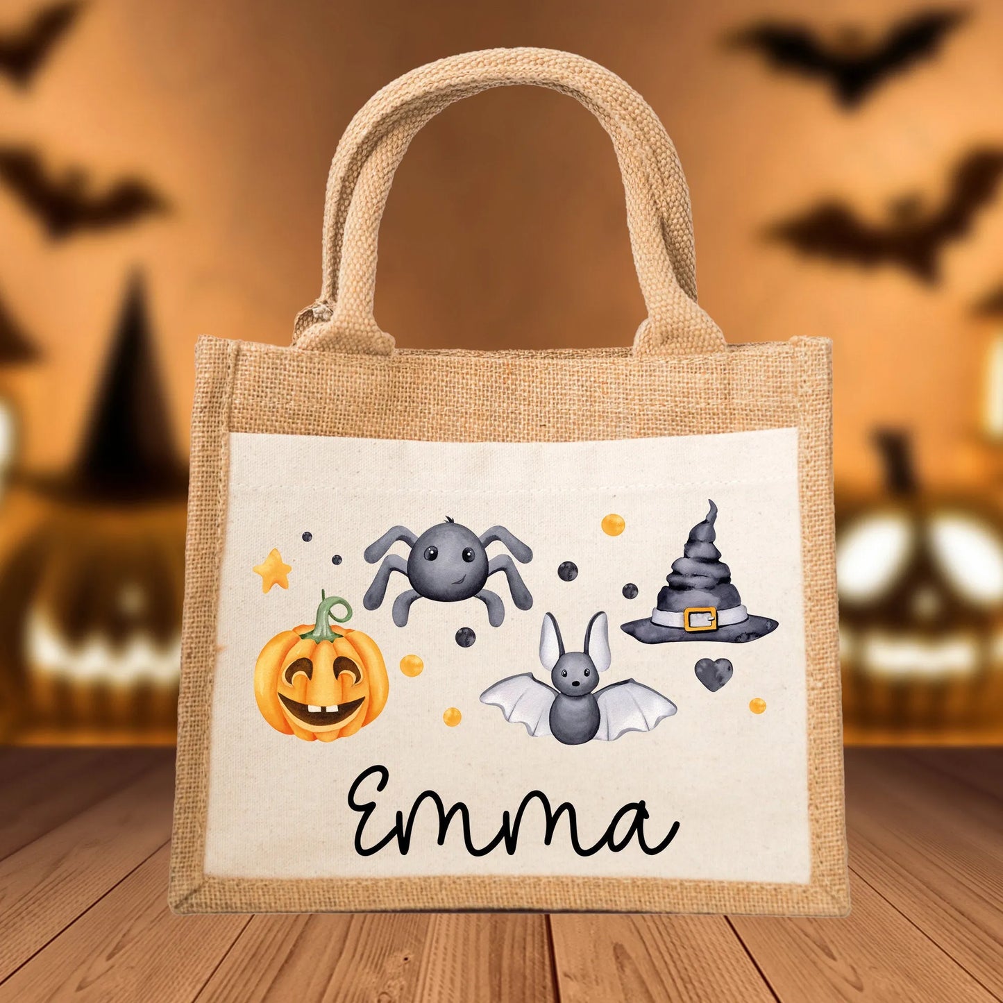 Halloween Stoff Tasche mit Namen | Beutel mit Geist, Kürbis, Spinne & Hut | Candy Bag mit Namen | Tragetasche für Kinder für Süßigkeiten  kleinebuchstaben Halloween Schriftart 1 