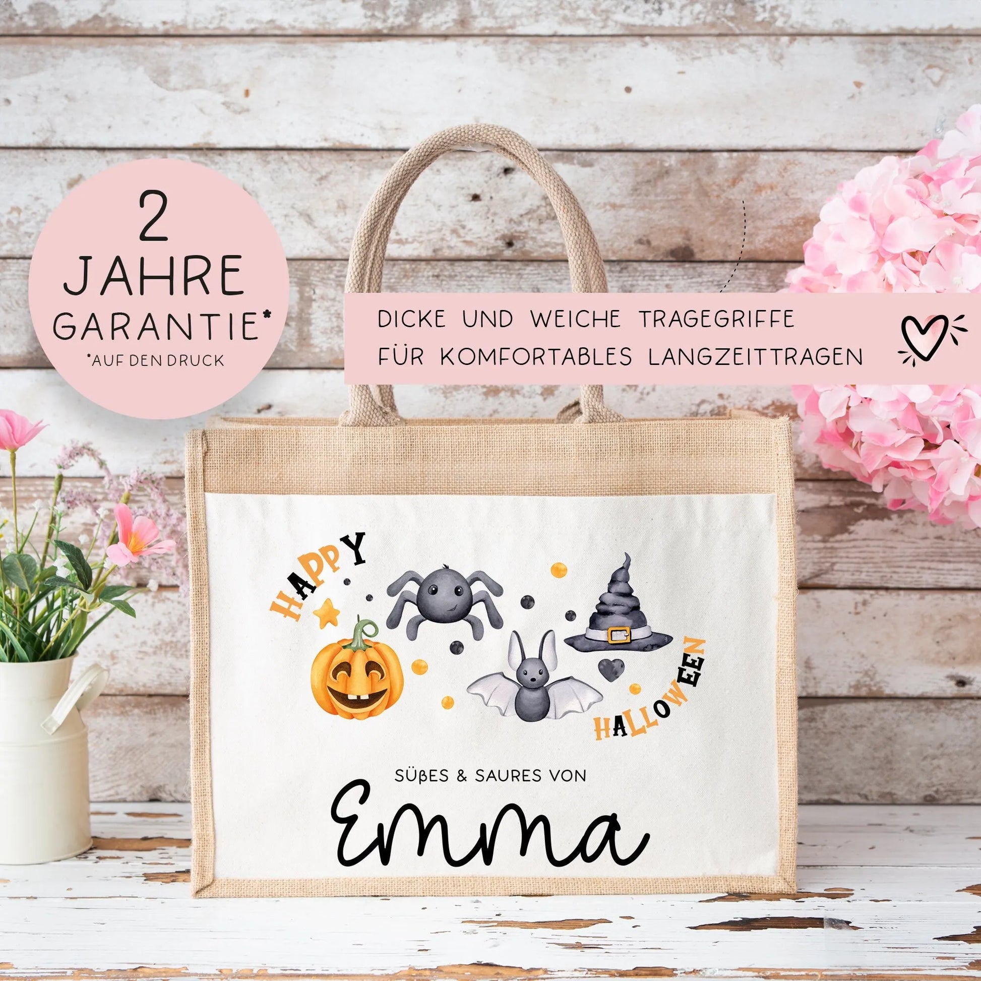 Halloween Tasche mit Namen | Süßes oder Saures | Wunschnamen | Candy Bag aus Jute | Tragetasche für Kinder für Süßigkeiten | Kürbis Spinne  kleinebuchstaben   