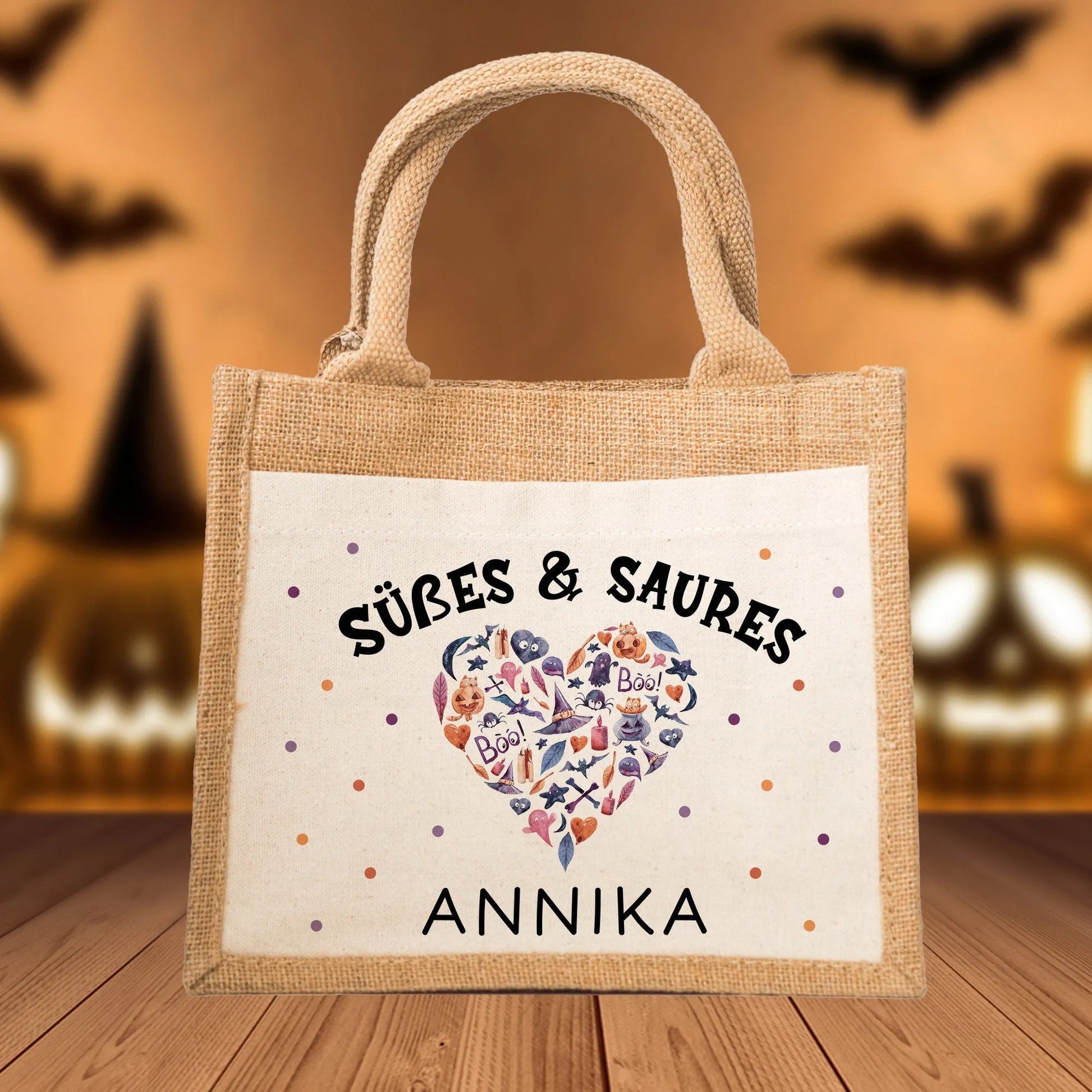 Halloween Stofftasche mit Namen | Süßes oder Saures | Wunschnamen | Candy Bag Jute | Tragetasche für Kinder für Süßigkeiten | Pocket Tasche  kleinebuchstaben   