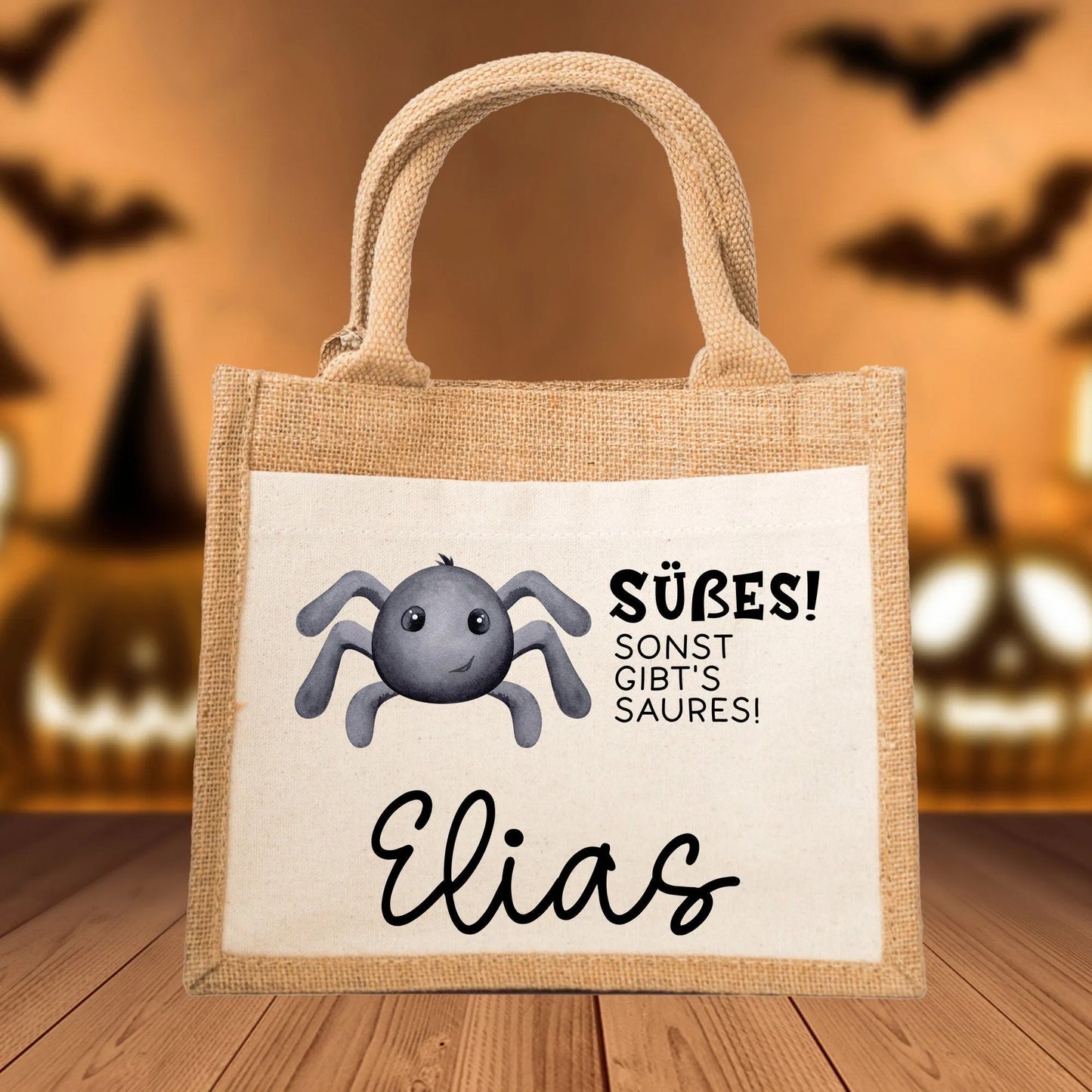 Stofftasche Halloween mit Namen | Pocket Tasche | Wunschnamen | Süßes oder Saures | Jute | Tragetasche für Kinder für Süßigkeiten | Spinne  kleinebuchstaben Spinne Schriftart 1 